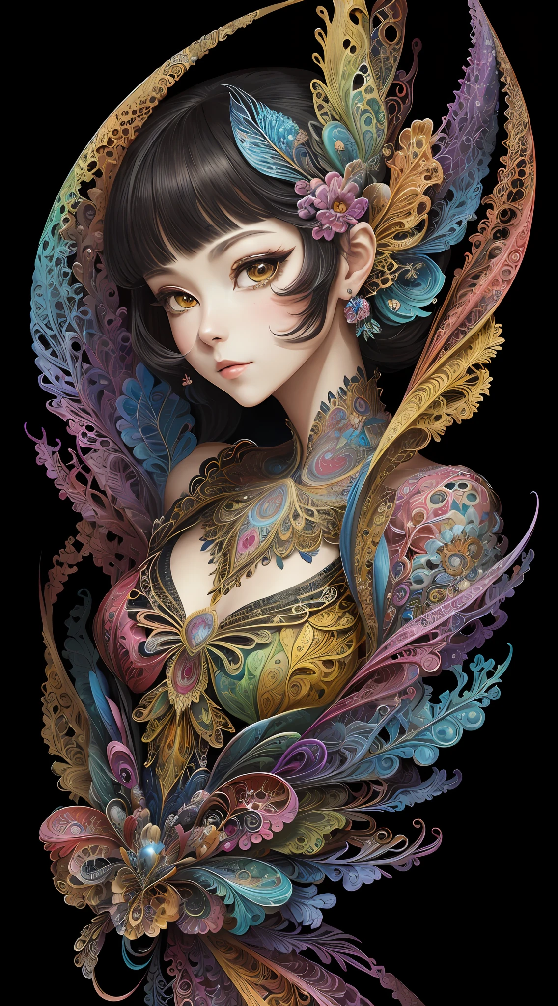 (masterpiece, top quality, best quality, official art, beautiful and aesthetic:1.2), (1girl:1.3), extremely detailed,(fractal art:1.2),colorful,highest detailed,(zentangle:1.2), (dynamic pose), (abstract background:1.5), (treditional dress:1.2), (shiny skin), (many colors:1.4), upper body, masterpiece, best quality,high quality,highres, 16K,RAW,ultra highres,ultra details,finely detail,an extremely delicate and beautiful,extremely detailed,real shadow, anime,highly detailed painted,award winning glamour paintting,wonderful paintting,art style,stylized,