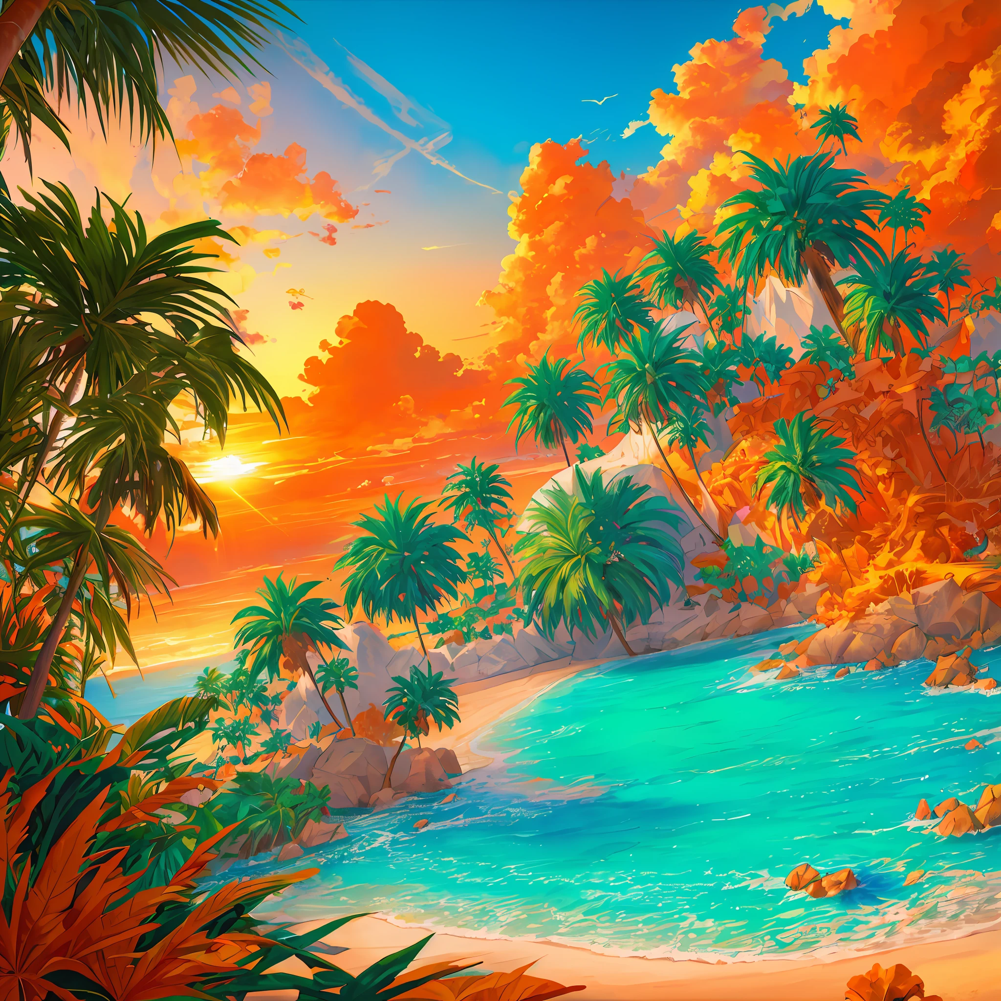 concept,fantasy,(best quality,masterpeace),(perfect composition), the golden ratio,
Tropical Paradise: A breathtaking panoramic view of a palm-fringed tropical beach, with crystal-clear turquoise waters lapping at the shore and the sun setting in a fiery blaze of orange and pink,
,hdr ,cinematic, trending on artstation,trending on CGSociety,immense details,