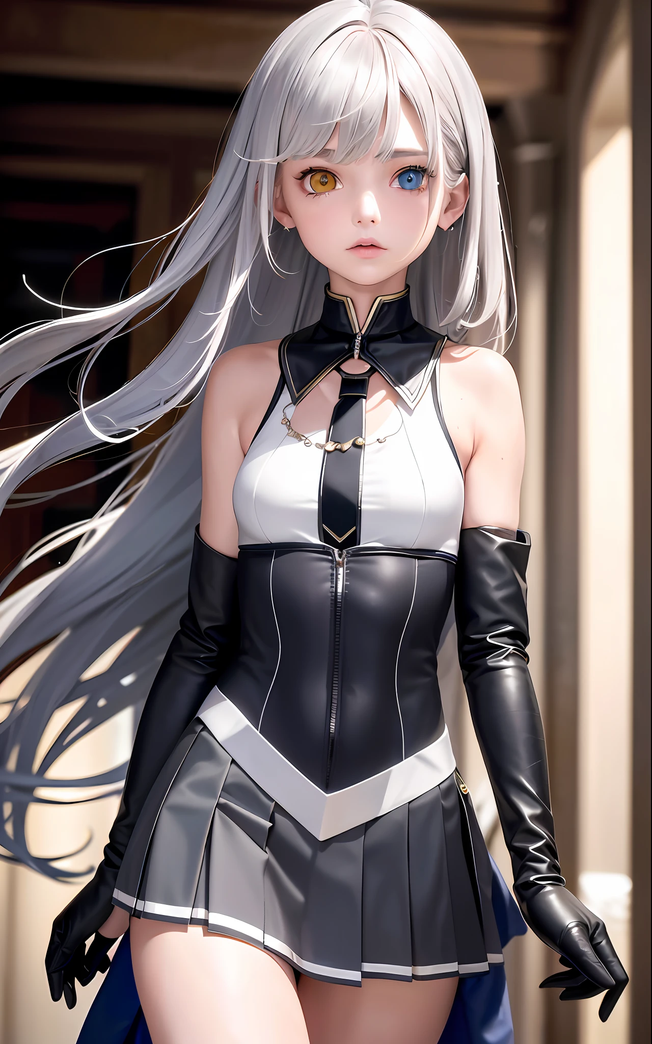 Superb Make, High Resolution, Best Quality, UHD, Super Detail, Award-Awarded, 16k, (Upper Body), A Beautiful Maiden, Gray Hair, Hair, ((Heterochromia)), Hanging Corners, Fair Skin, (Small Breasts), (Slim Body), (Student Uniform Including Full-chested Jacket and Short Skirt)), (Neck Ring), (Short Gloves as Short as Half a Palm)