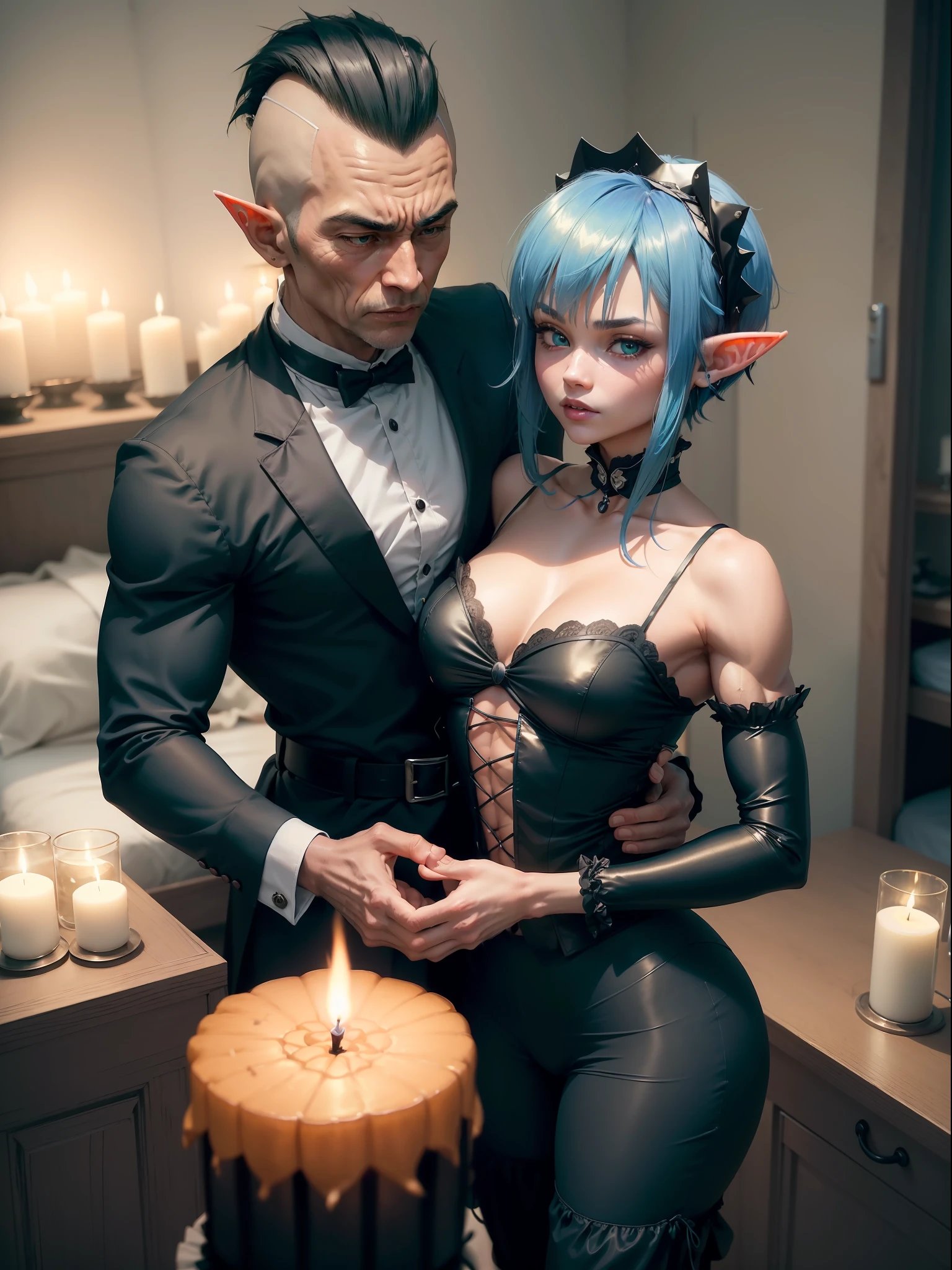 (full-body photo:2, standing up), (One/Elf/Kawaii and one/one 90-year-old man:2), (she's wearing black maid's outfit without skirt with maid's headdress on her head+extremely short, tight clothing on her body:2), (He's wearing a black suit with pants and long pants:2), (they're in a motel room lit only by candles because it's dark and lightless:1.5),   (He is strong and muscular and has slender hair:1.7), (She has very short mohawk hair in blue color:1.5), (She has green eyes:1.5), (He's grabbing her from behind), Eye-Level Shot, anime, Hyperrealism, 16k, UHD, masterpiece, best quality, textured skin, high details