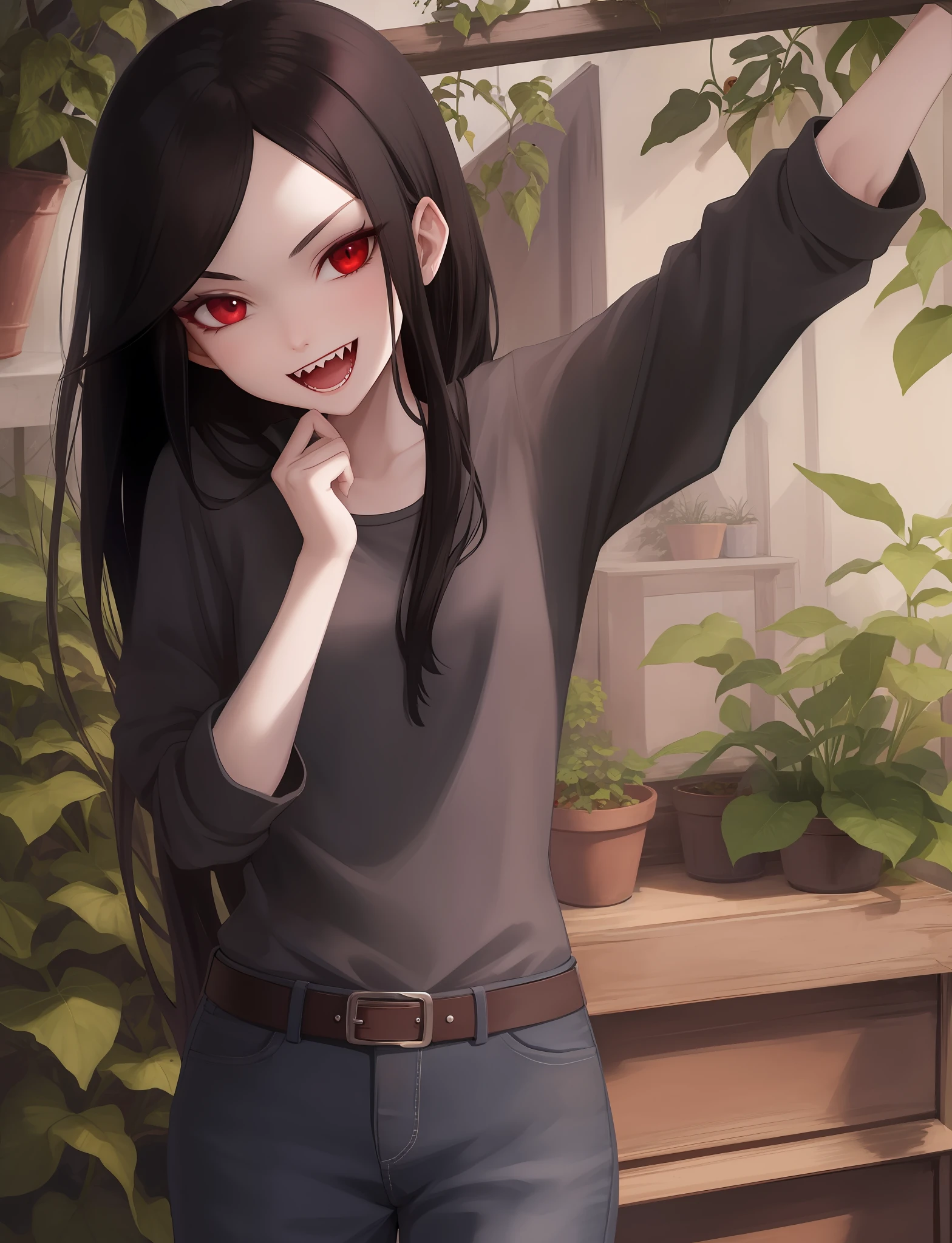 beautiful, masterpiece, best quality, 1girl, marceline abadeer, black hair, clothed, clothing, fangs, grey body, grey skin, hair, long hair, looking at viewer, plant, solo, teeth, vampire, adventure time, a-