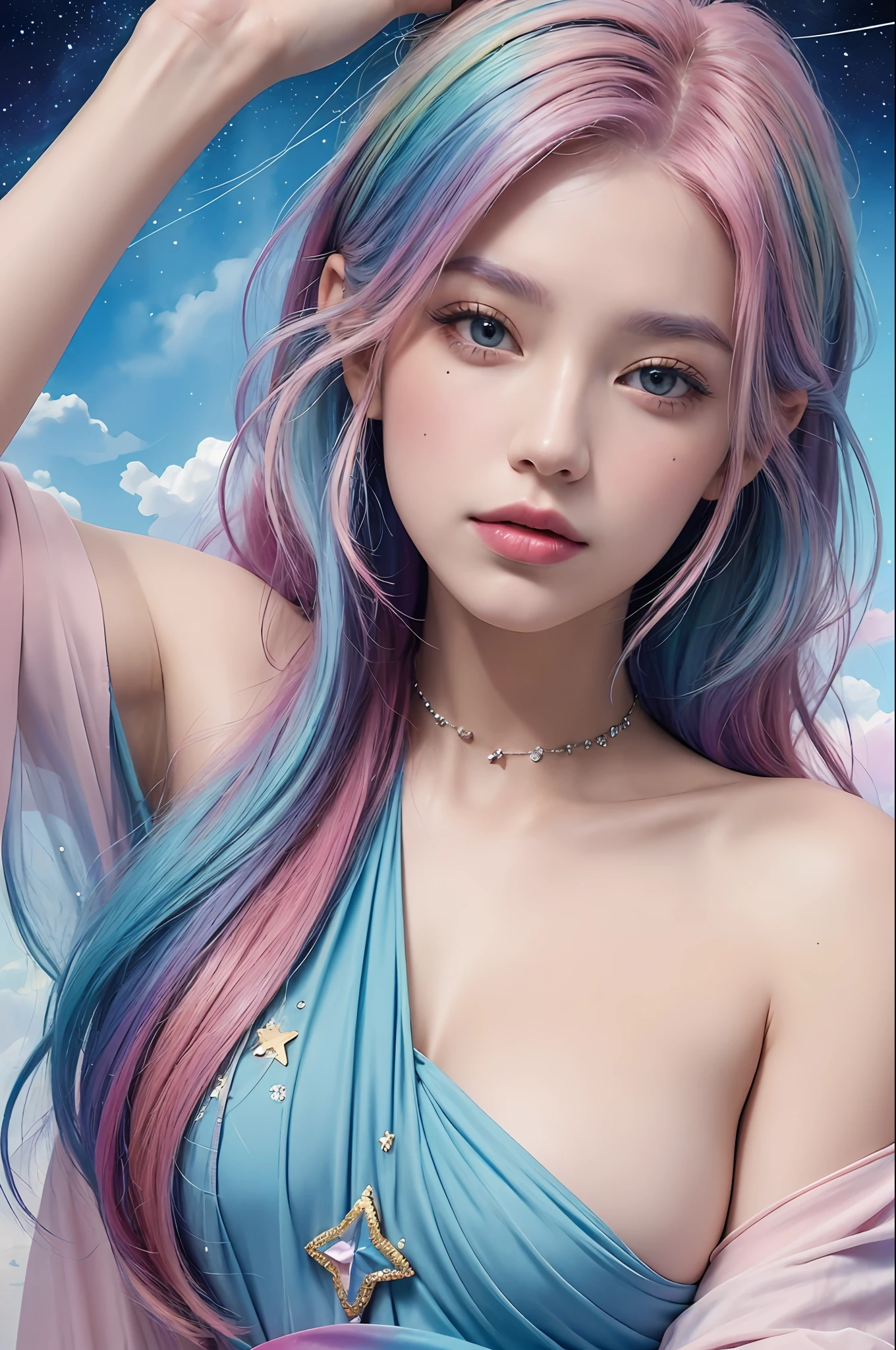 (Masterpiece, Top Quality, Best Quality, Watercolor (Medium), Official Art, Beauty and Aesthetics: 1.2), (1girl: 1.3), (Fractal Art: 1.3), Looking at the Viewer from the Side, Pattern, (Rainbow Hair, Colored Hair, Half Blue and Half Pink Hair: 1.2), Water, Liquid, Clouds, Colorful, Starry, Stars,