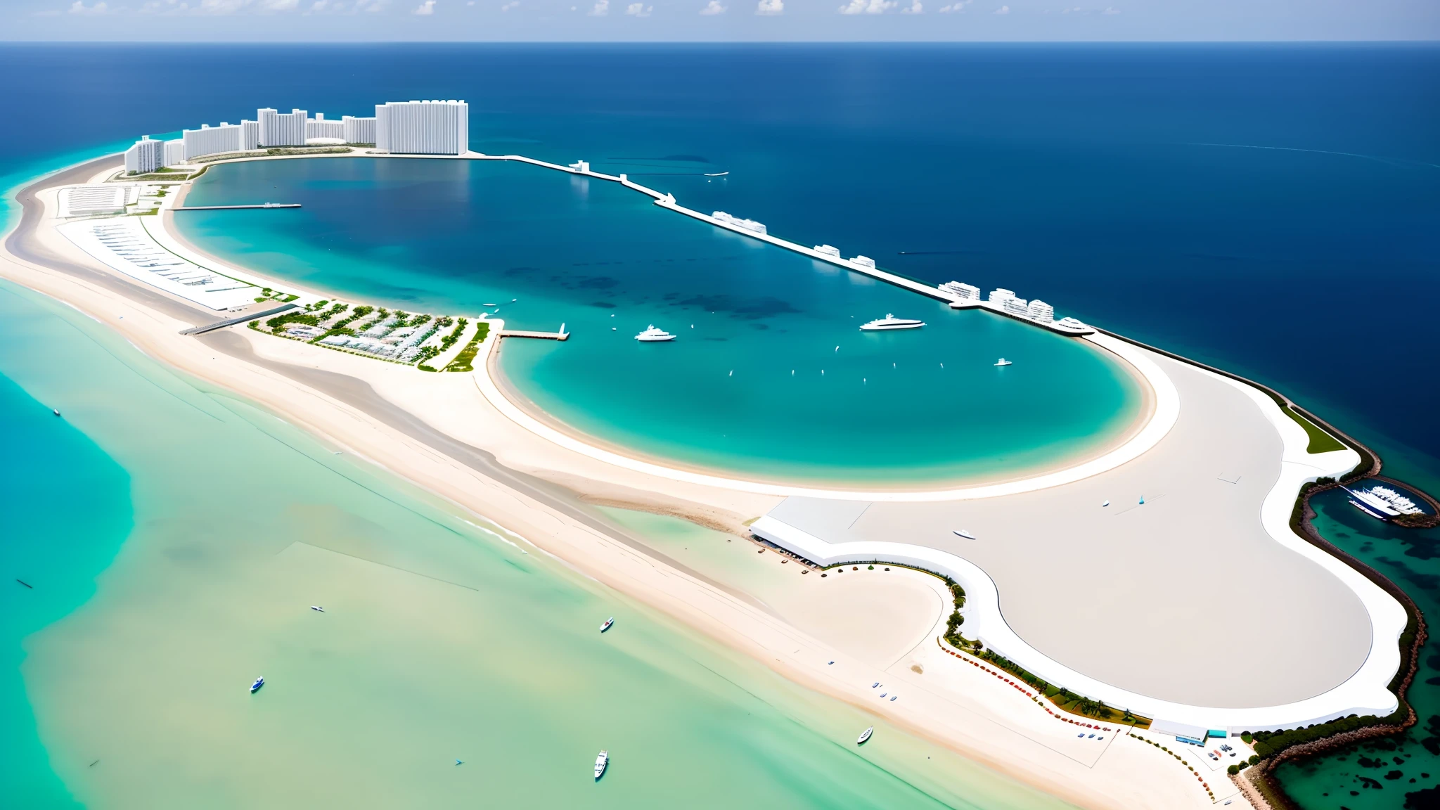 White ((modern buildings line the whole island)), harbor and yacht harbor, yachts floating in the sea