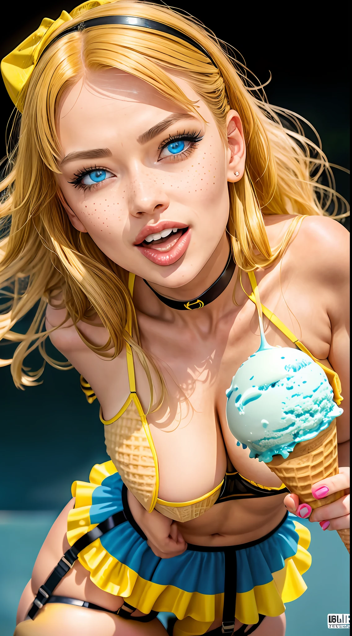 white swedish euro top model on a cover for dc comics book in the style of masamune shirow, dark black and yellow, wendy froud, comic art, storm thorgerson, light yellow and yellow, blink-and-you-miss-it detail, hair over one eye, azure eyes, sharp eyes, choker, wearing the garter belt 6 strap, ((six strap garter belt)), long eyelashes, superheroine photo, (detailed eyes:1.3),(smile:1), (freckles:1.1), (skin pores:1.1), (wearing superheroine suit:1.2), (look at viewer:1.2), (high quality face:1.1), (high detailed face skin:1.1), (realistic iris:1.2), ((big cheeks)), (realistic pupils:1.3), (realistic lighting:1.1), (beautiful moles and freckles:0.8), (film noise:1.1), (film grain:1.4), blowjobpose 1girl sucking a ( big ice cream cone:1.4),(best quality:1.33), (masterpiece:1.42), (realistic:1.24), (detailed:1.15),