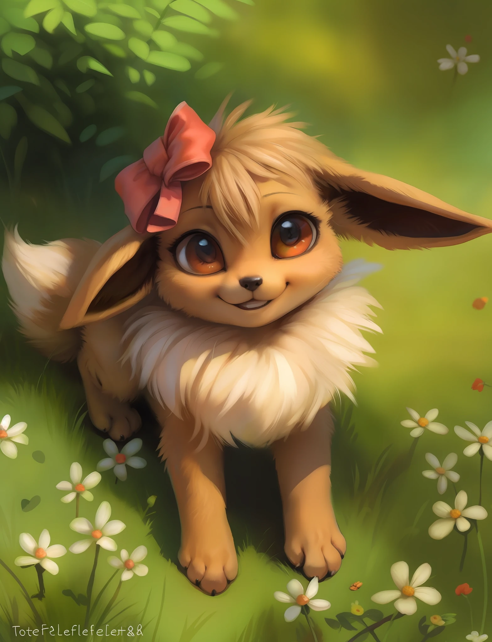 by kenket, by totesfleisch8, (by thebigslick, by silverfox5213:0.8), (by syuro:0.2), pokekid, eevee, fluffy girl, furry girl, female, smile, smiling, has a big pretty bow in her hair, has animal paws for hands, 1girl, best quality, outdoors, high definition, cute,