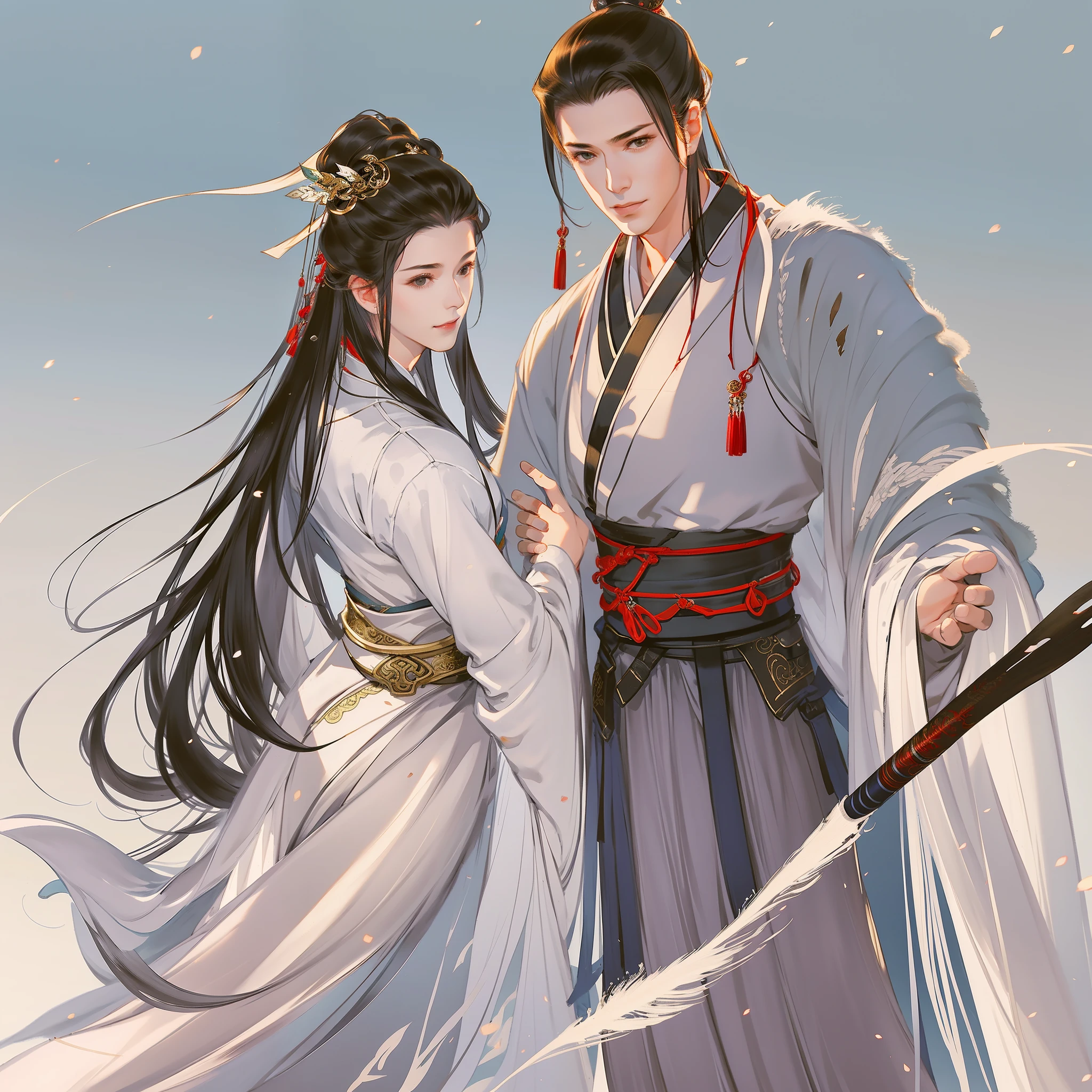 A handsome boy in ancient China and a beautiful girl, full body portrait, looking at each other, gentle eyes, clear facial features, wearing red Hanfu, ancient dress, kingly temperament, movie edge light, delicate light, masterpiece, super detailed, epic composition, super HD, high quality, highest quality, 32k