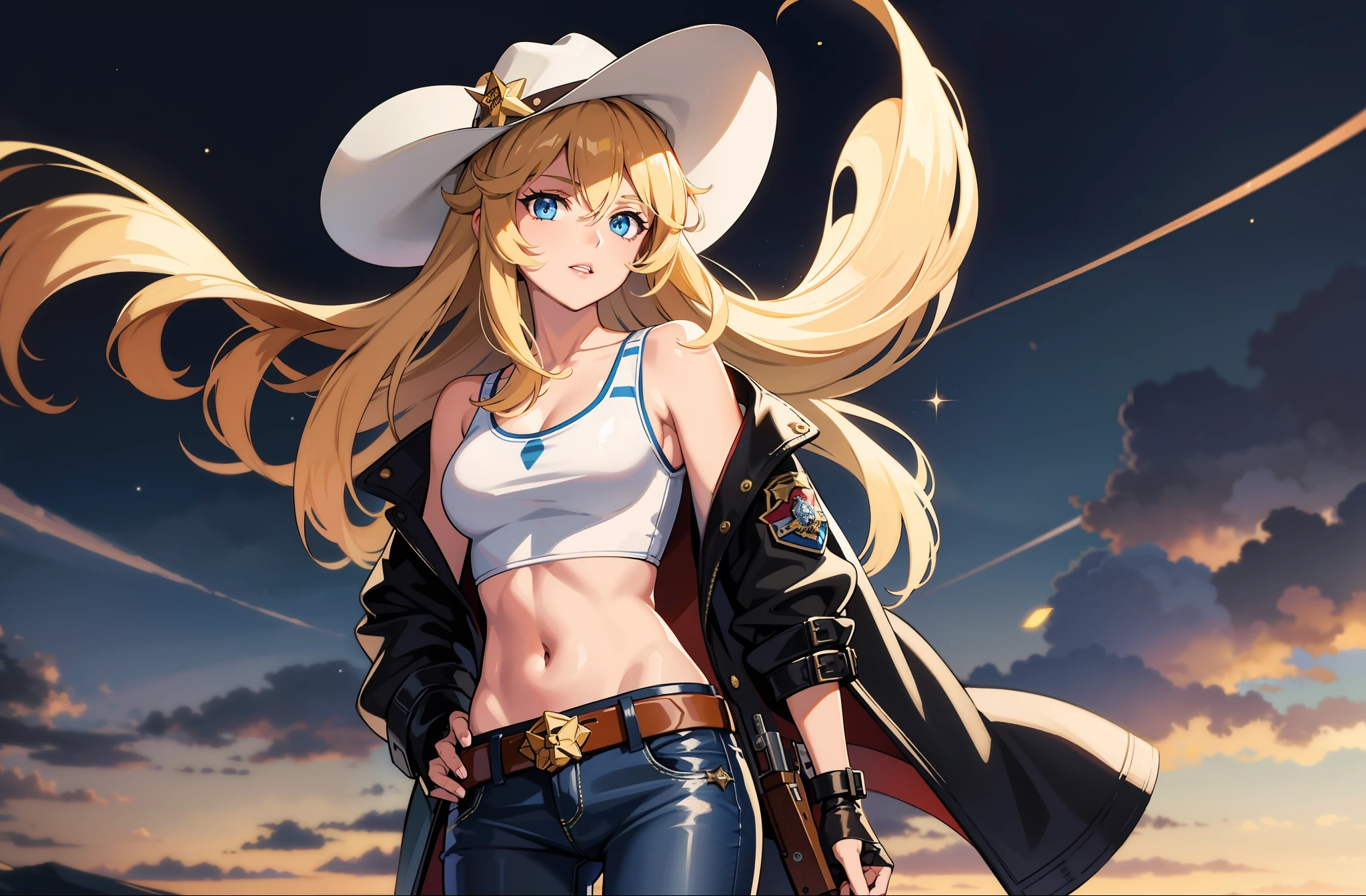 1 girl, masterpiece, macross delta splash art,  best quality, white tank top, midriff, short blue jeans, small breasts, cowboy hat, gun holster on hip, highly detailed gun, realistic gun, Colt Peacemaker in hand, gun aimed forward, sheriff badge, bullets on belt, brown leather duster, leather overcoat, detailed eyes, sparkling eyes, beautiful hands, highly detailed hands, straight hands, shiny skin, shiny hair, blue eyes, light blonde hair, tall, long hair, straight hair, full body, American flag