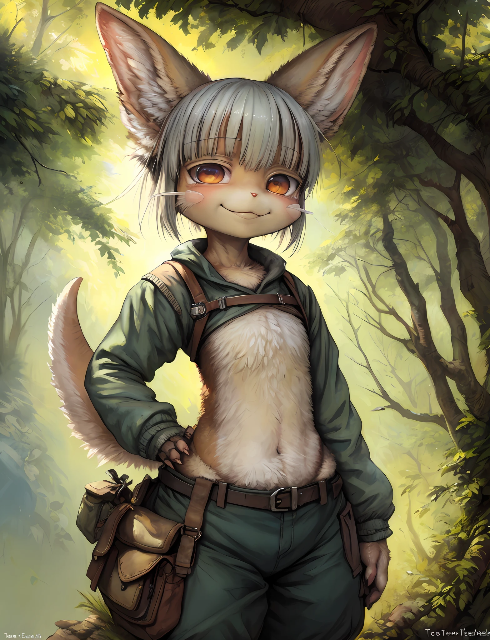 by kenket, by totesfleisch8, (by thebigslick, by silverfox5213:0.8), (by syuro:0.2), 1girl, solo, furry, nanachi \(made in abyss\), nanachipants, standing, looking at viewer, smile