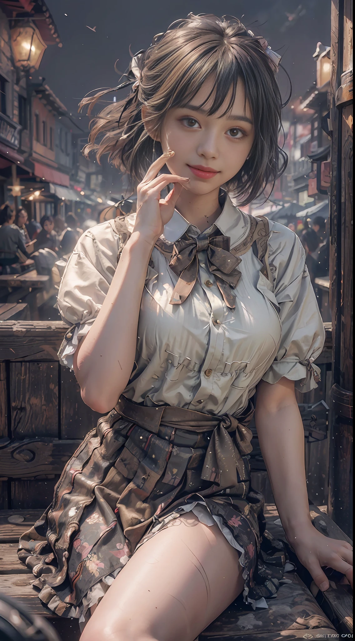 (8k, RAW photo, best quality, masterpiece:1.2), (realistic, photo-realistic:1.37), ultra-detailed,
1 girl,cute, solo,beautiful detailed sky,detailed cafe,night,sitting,dating,(nose blush),(smile:1.1),(closed mouth)
medium breasts,beautiful detailed eyes,(collared shirt:1.1), bowtie,pleated skirt,(short hair:1.2),floating hair --auto --s2