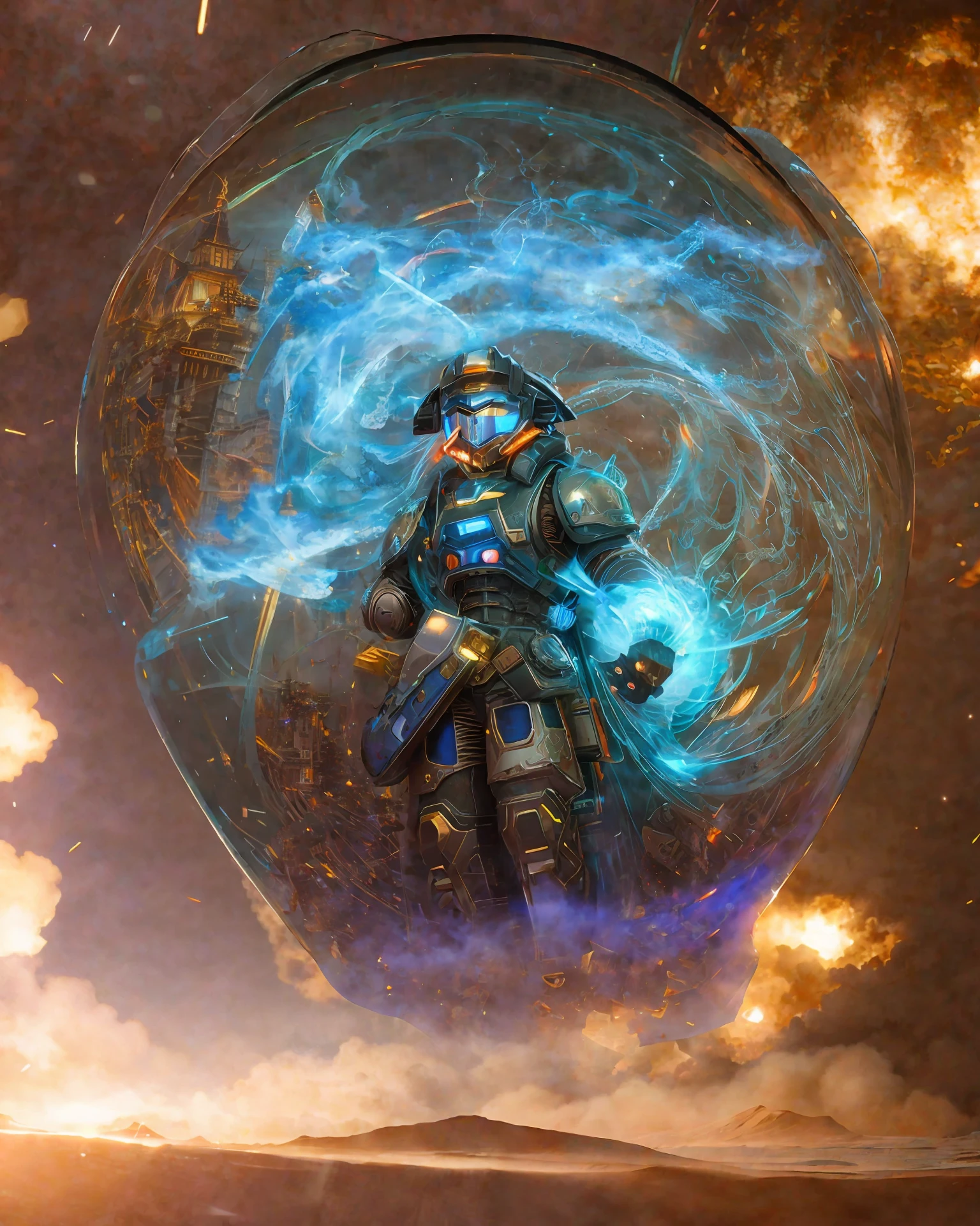 best quality, 500px, cgsociety, 8k, raw photo of (beautiful:1.2) megaman, dream art, hyperdetailed photorealism by greg rutkowski, (grain of film:1), high resolution, sharp focus, contrast, intricate details, atmospheric light, refractive lighting, unreal engine 5, cinematic, conceptual photography, masterpiece, octane rendering, trends in cgsociety, colored smoke, insane details, steampunk details, intricate details, hyperdetailed,