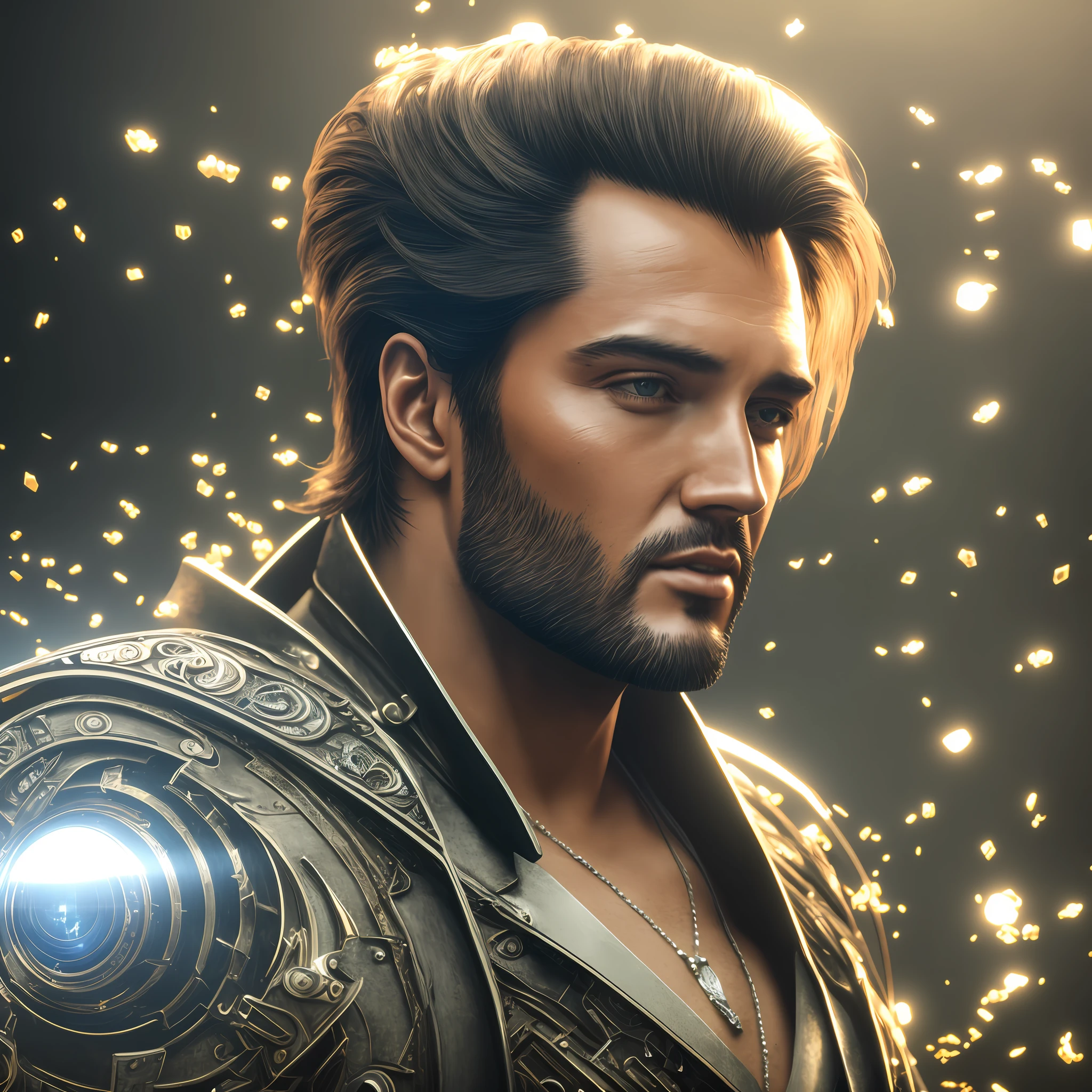 modelshoot style, (extremely detailed CG unity 8k wallpaper), portrait of (elvis young:1.1), staring at us with a mysterious gaze, realistic, masterpiece, highest quality, ((scifi)), lens flare, ((light sparkles)), unreal engine, digital painting, Style-TronLegacy-8v-B, trending on ArtStation, trending on CGSociety, Intricate, High Detail, dramatic, realism, beautiful and detailed lighting, shadows