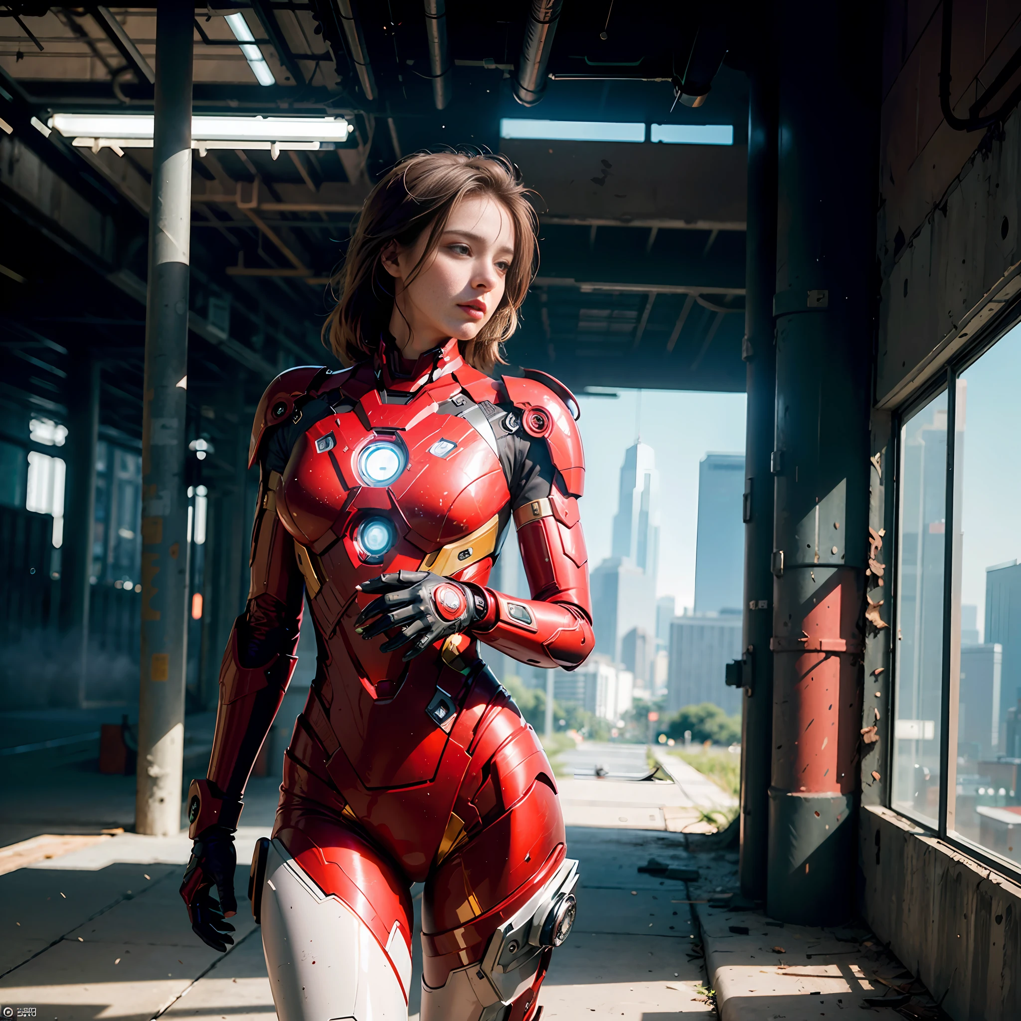 (1girl:1.3), solo,__body-parts__, official art, unity 8k wallpaper, ultra detailed, beautiful and aesthetic, beautiful, masterpiece, best quality, RAW, masterpiece, super fine photo,, best quality, super high Resolution, photorealistic, sunlight, full body portrait, stunningly beautiful,, dynamic pose, delicate face, vibrant eyes, (side view), she is wearing a futuristic Iron Man mech, red and gold, Highly detailed abandoned warehouse background, detailed face, detailed complex busy background, messy, gorgeous, milky, high detailed skin, realistic skin details, visible pores, sharp focus, volumetric fog, 8k uhd, dslr camera, High quality, film grain, fair skin, photorealism, lomography, sprawling metropolis in a futuristic dystopia, view from below, translucent