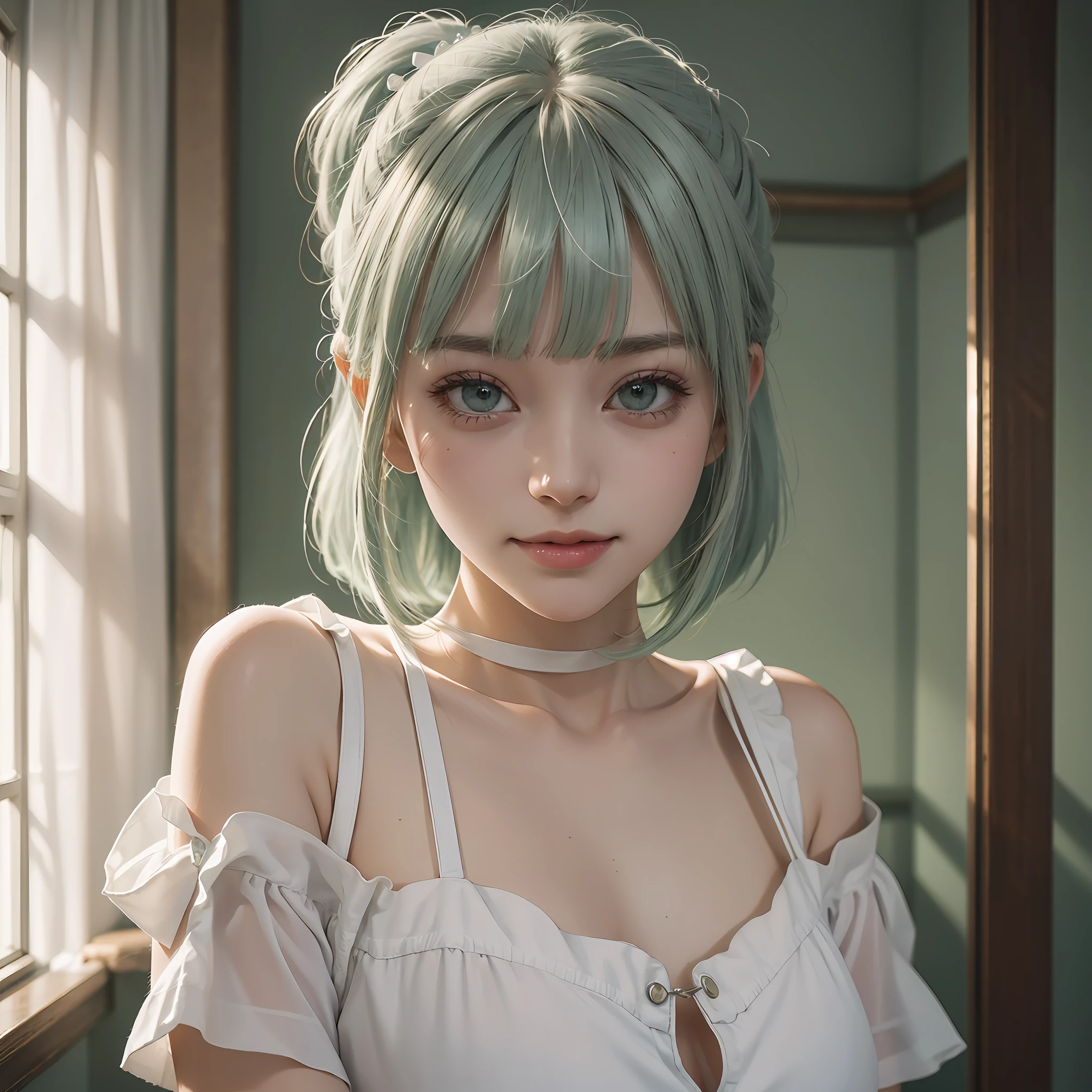 girl, dressed in white T, delicate face, delicate white skin, green hair front ponytail, blunt bangs, collar, blush, glamorous, halo, bedroom background, mismatched pupils, smile, god ray, ray tracing, nikon, pov, uhd, best quality, high detail, 8k, gothic art --auto --s2