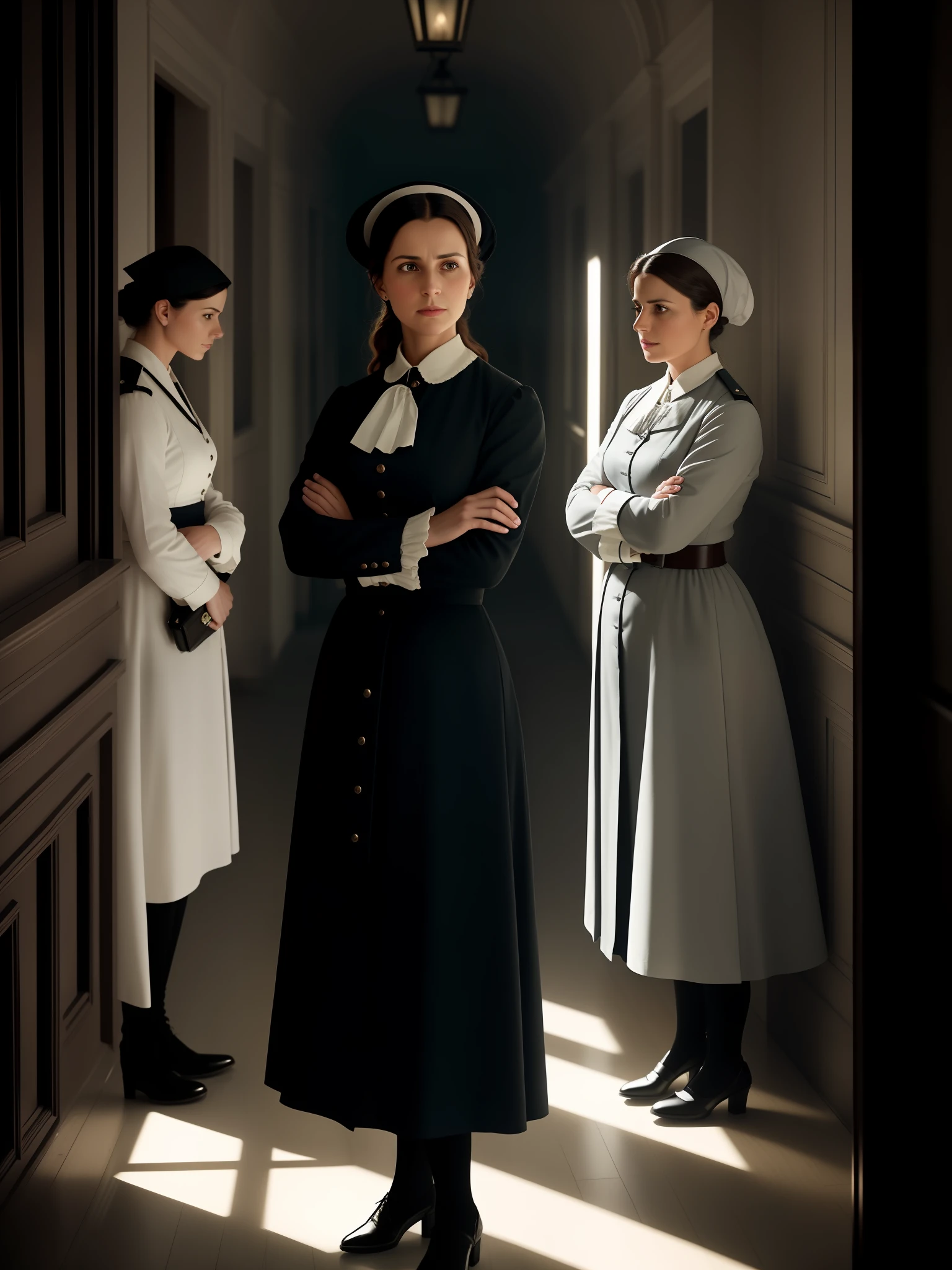A still image captured in cinematic mode. The concept revolves around three 18th-century nurses, with one positioned in the center of the composition and the others appearing in perspective. The scene is inspired by the works of Christopher Nolan. The image depicts nurses in a dimly lit hospital corridor, with dramatic shadows and contrasting lighting. The color temperature is cold, enhancing the mysterious and intense atmosphere. Lead nurse Dorothea Orem has a determined expression, exuding leadership and resilience, on the right side in perspective with crossed arms and neutral expression is Olga Verderese and on the left side in perspective with crossed arms and neutral expression is Florence Nightingale. The lighting is dynamic, with strategic highlights and shadows, adding depth and intrigue. The atmosphere evokes a sense of urgency and dedication.