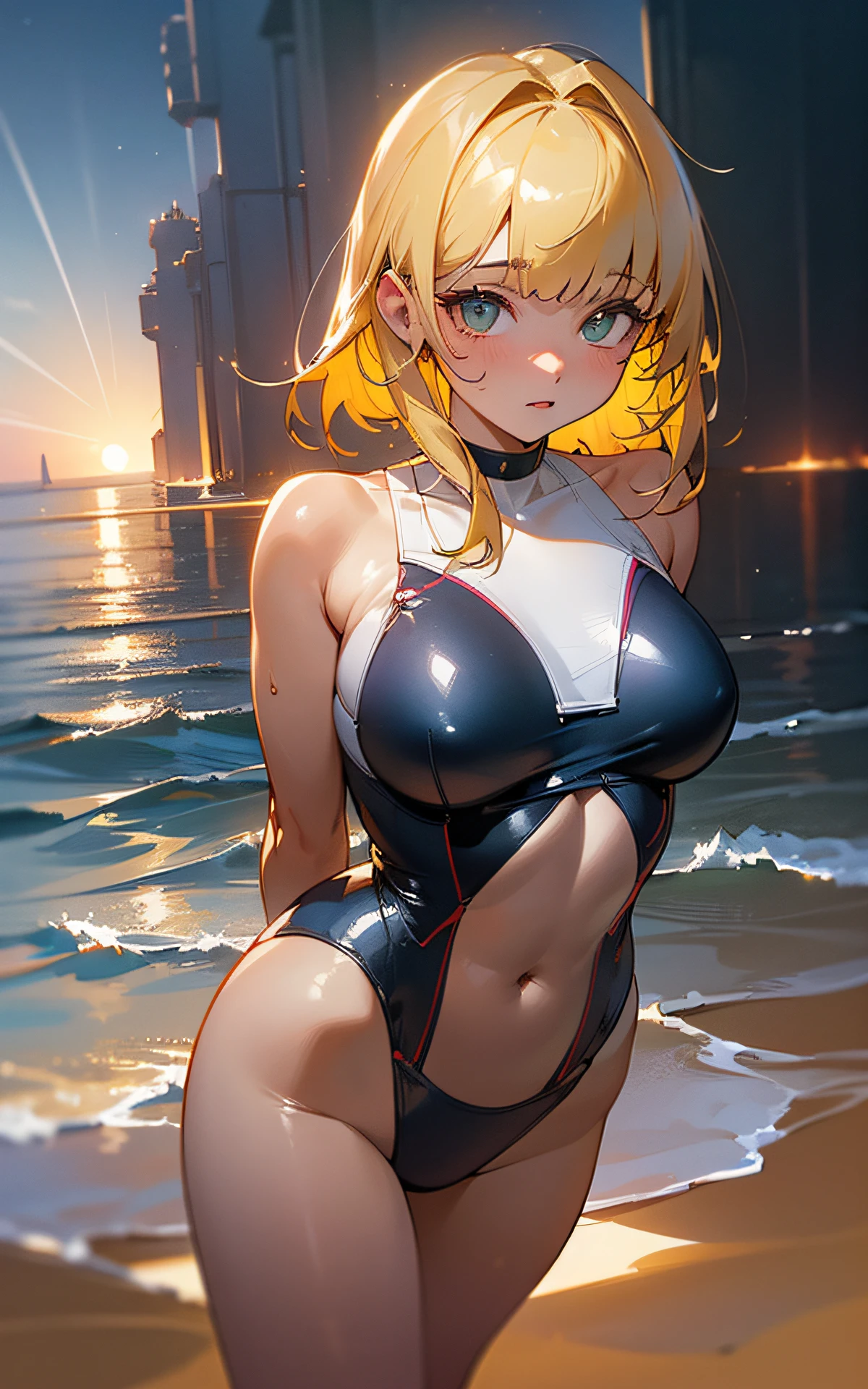 ((unity 16k wallpaper, masterpiece, best quality, ultra-detailed, extremely detailed CG, caustics, cinematic lighting, detailed, beautiful detailed eyes)), ultra high resolution, fine skin, (cute: 1.2), ( 15-year-old girl), ((old school swimsuit: 1.6)), summer sunshine, (starry sky, night seaside: 2.0), ((writing in background)), yellow hair, biunt bangs, arms behind back, bent over