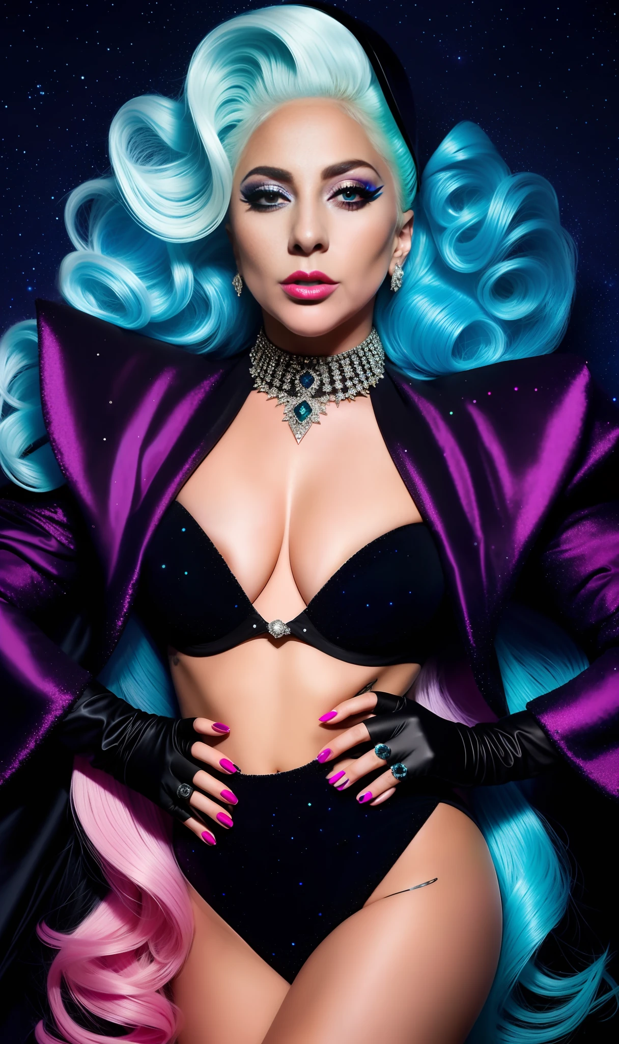 Lady Gaga Photo, 4K texture, black stone and diamond bra,neon,extravagant hair, 8k image, haute couture, flashes, high image quality,neon dress, realistic face, various body poses, full body, 8k image, sharp image,HD, blue glasses, HD face,galaxy background, very sharp and detailed face