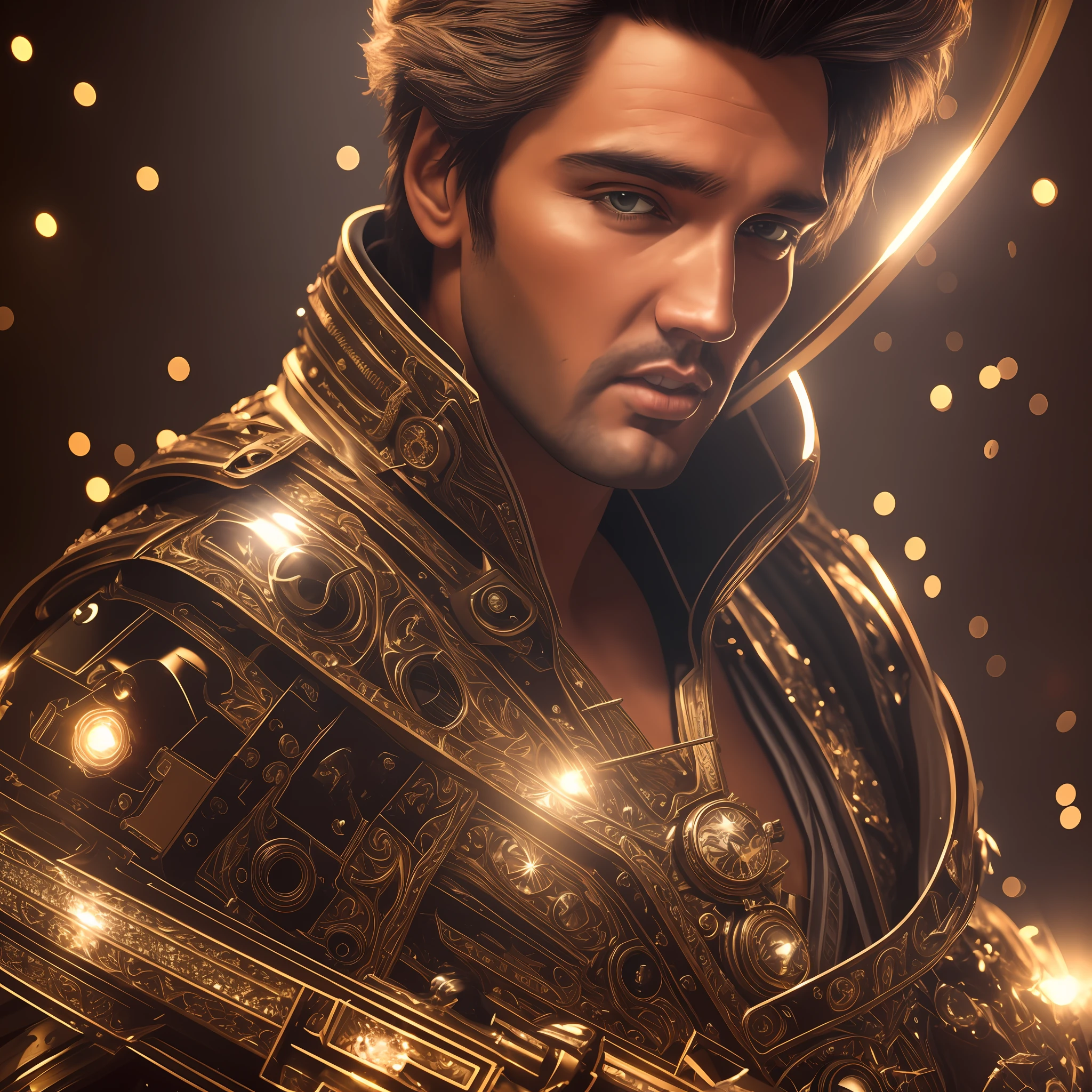 modelshoot style, (extremely detailed CG unity 8k wallpaper), portrait of (elvis young:1.1), staring at us with a mysterious gaze, realistic, masterpiece, highest quality, ((scifi)), lens flare, ((light sparkles)), unreal engine, digital painting, Style-TronLegacy-8v-B, trending on ArtStation, trending on CGSociety, Intricate, High Detail, dramatic, realism, beautiful and detailed lighting, shadows