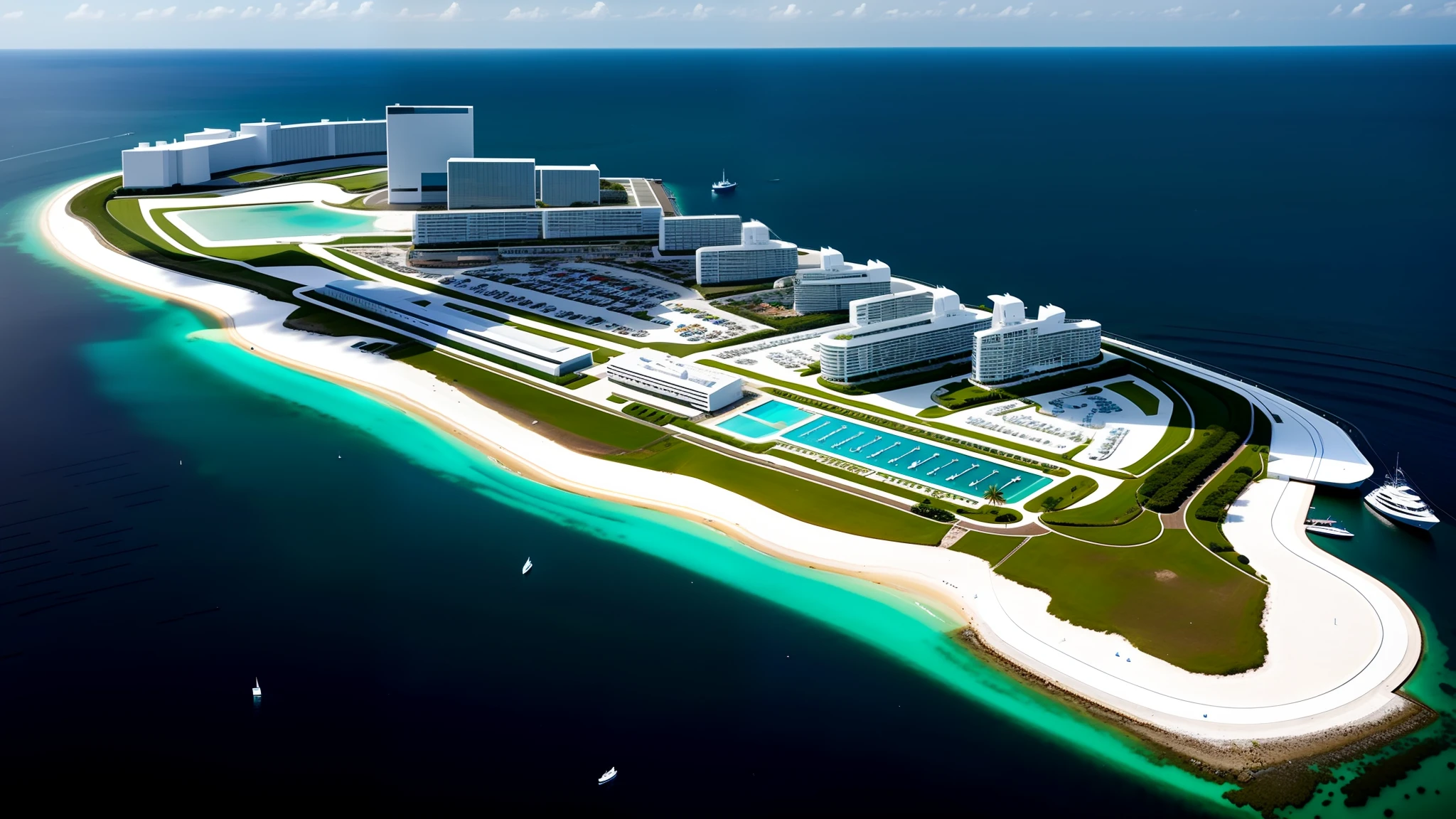 There is a white island (lined with modern buildings throughout), a harbor and yacht harbor, and yachts floating in the sea.