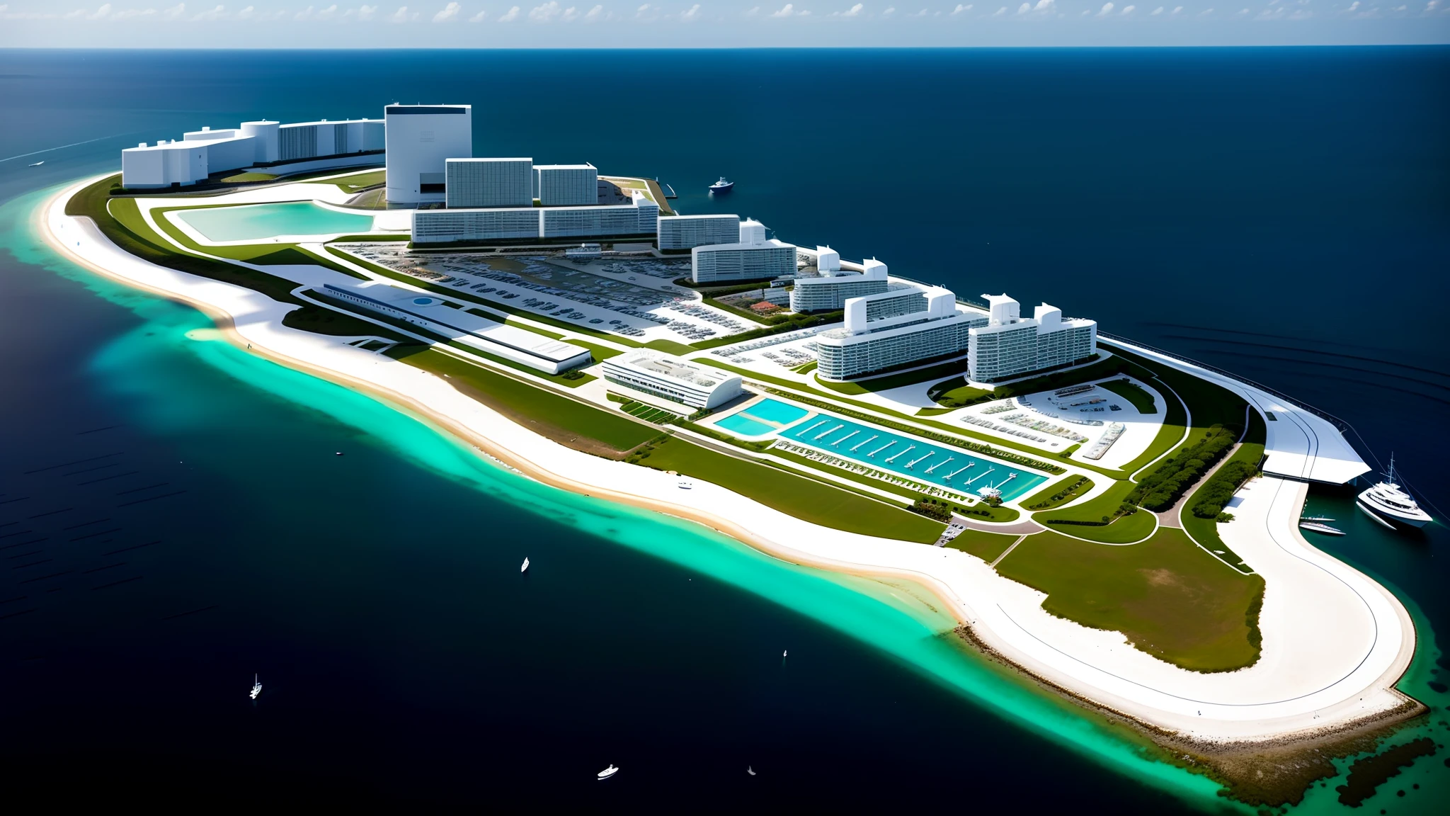 There is a white island (lined with modern buildings throughout), a harbor and yacht harbor, and yachts floating in the sea.