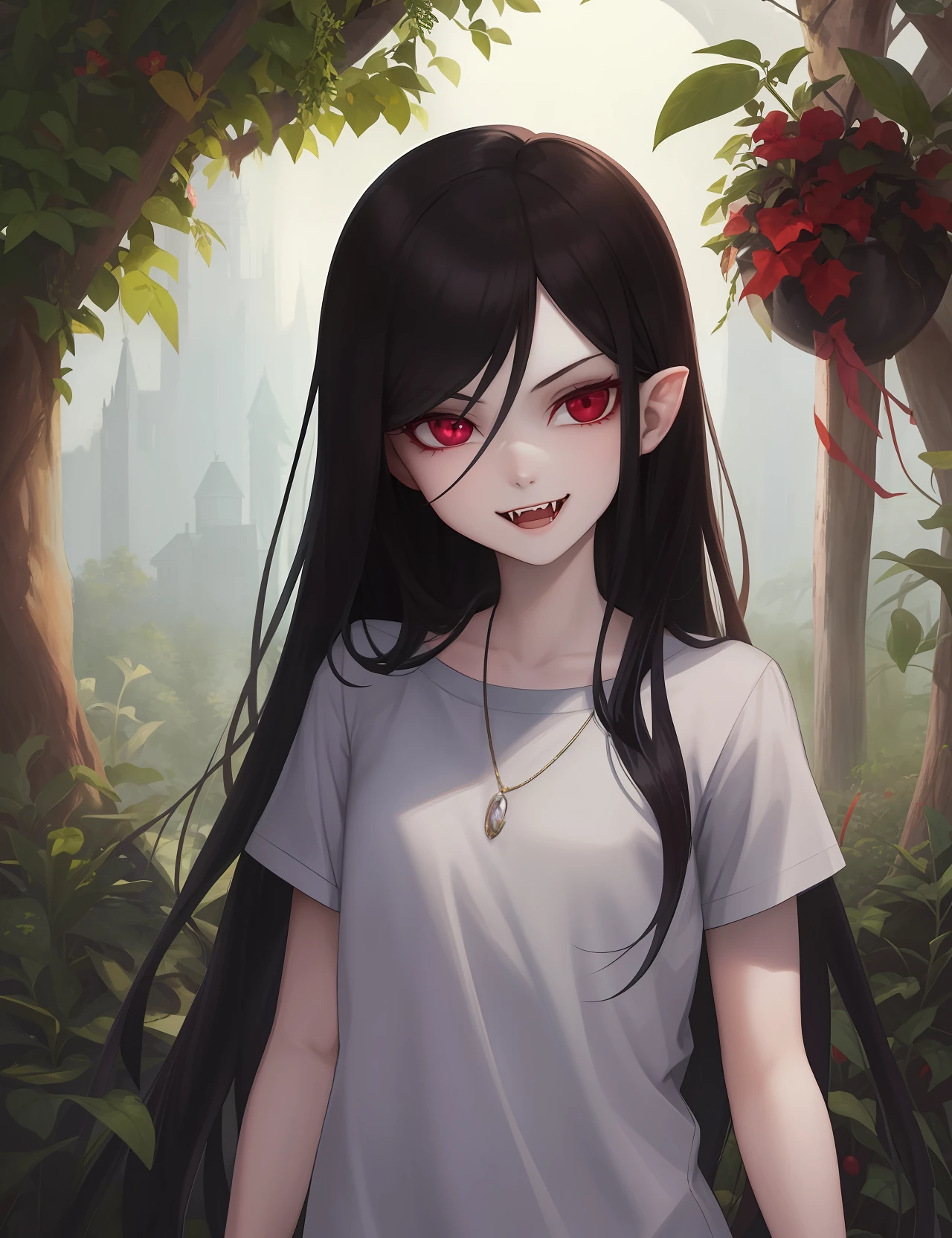 beautiful, masterpiece, best quality, 1girl, marceline abadeer, black hair, clothed, clothing, fangs, grey body, grey skin, hair, long hair, looking at viewer, plant, solo, teeth, vampire, adventure time, a-