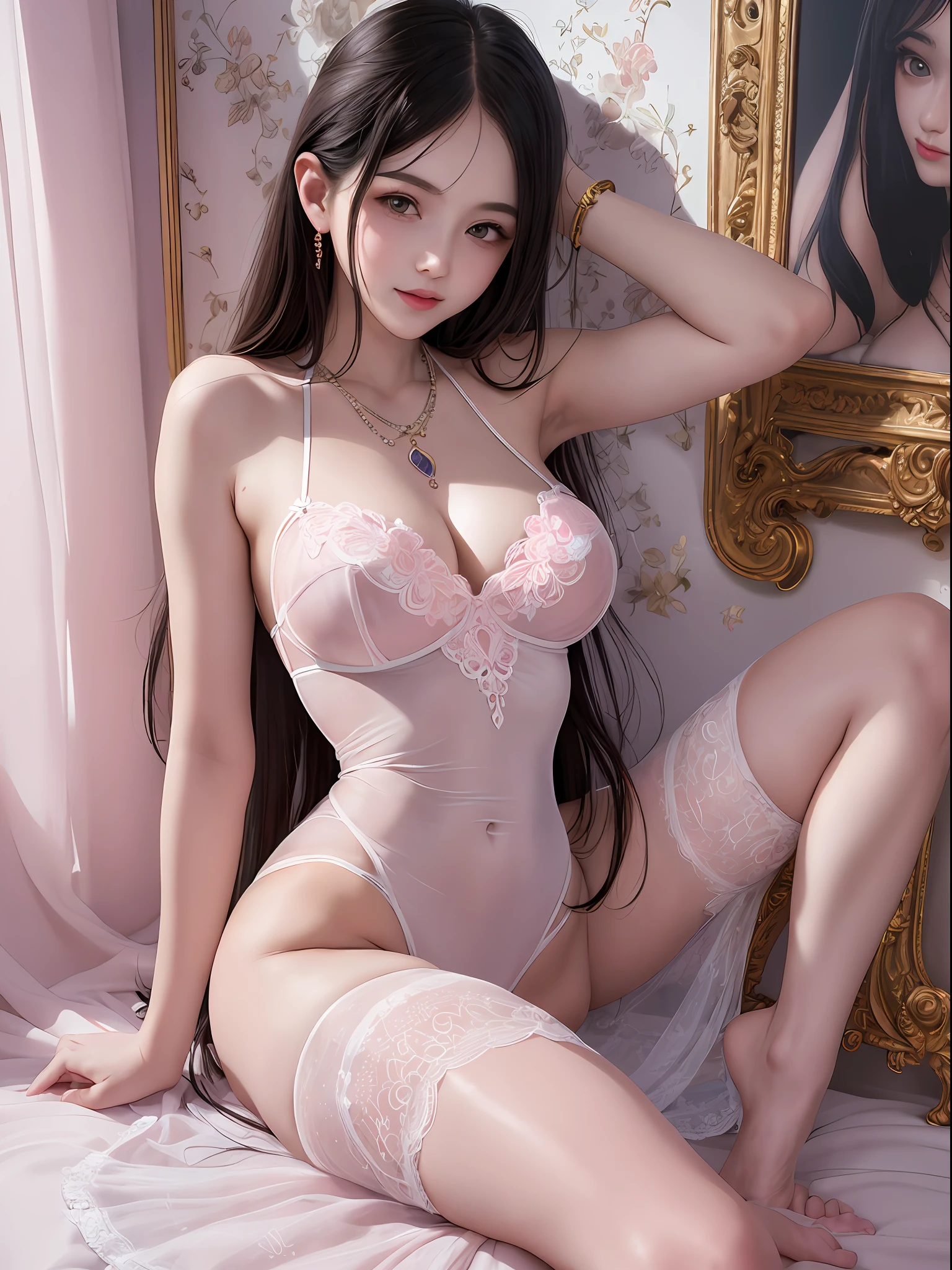masterpiece, illustration, cartoon, 1 girl, intricate details, best texture, real, 8k, soft light, perfect shadow, full body, real, 1 girl, 27 years old, scary face, pink sexy hot nude, necklace and watch, transparent dress, smile, baby face, (white background), navel, lingerie, spread legs