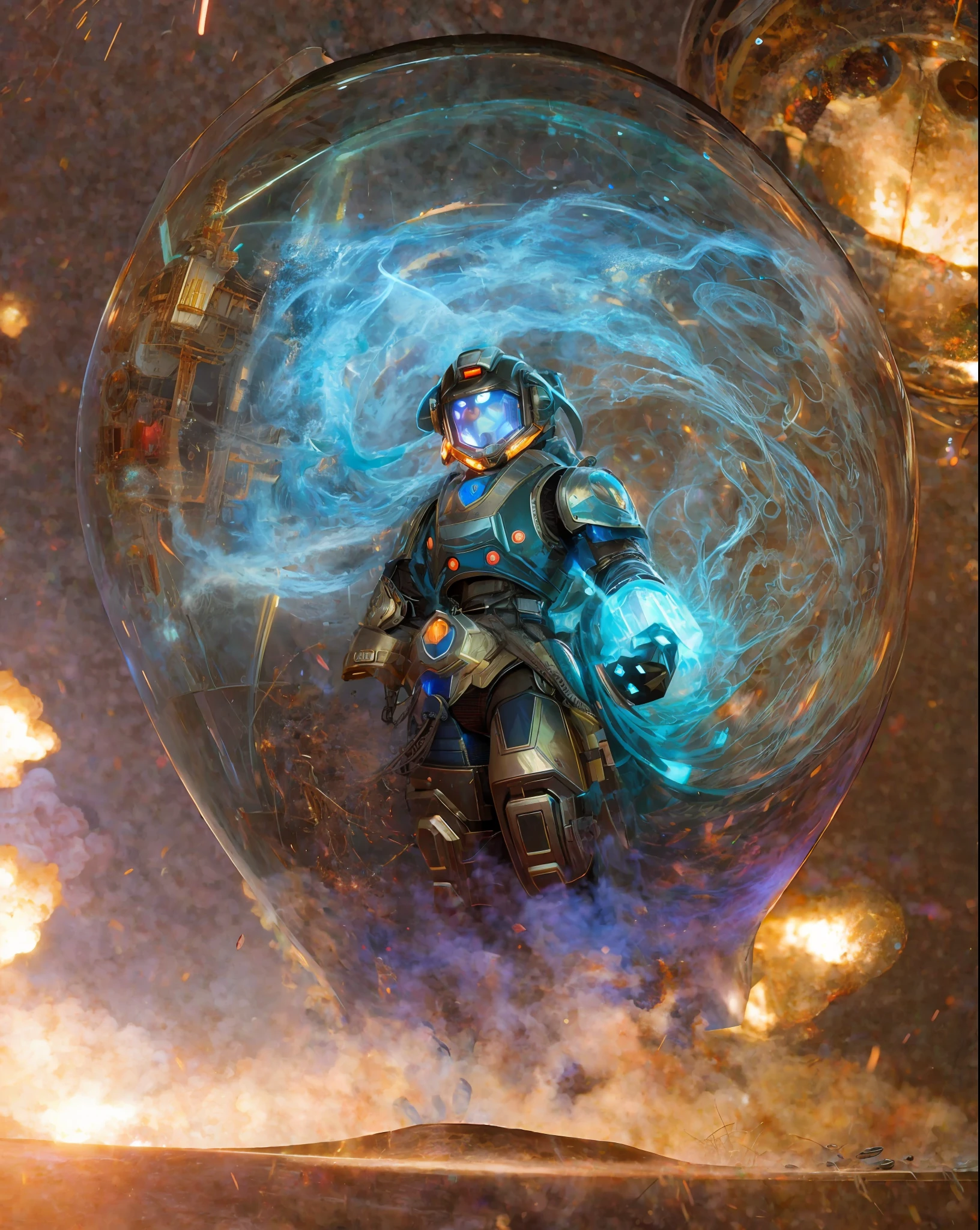best quality, 500px, cgsociety, 8k, raw photo of (beautiful:1.2) megaman, dream art, hyperdetailed photorealism by greg rutkowski, (grain of film:1), high resolution, sharp focus, contrast, intricate details, atmospheric light, refractive lighting, unreal engine 5, cinematic, conceptual photography, masterpiece, octane rendering, trends in cgsociety, colored smoke, insane details, steampunk details, intricate details, hyperdetailed,