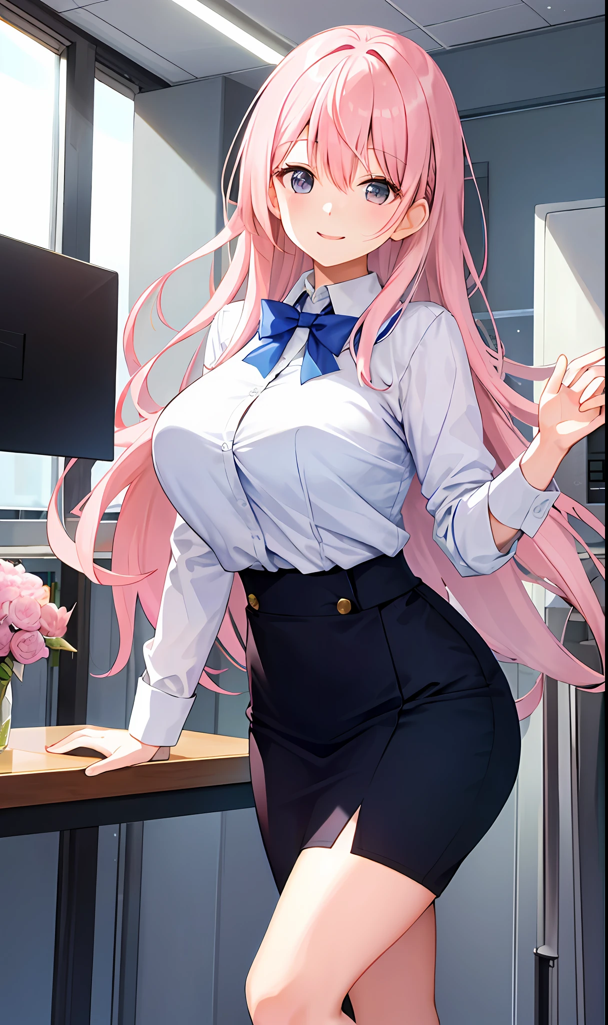 ((masterpiece, best)),(1girl),((mature woman)), light pink hair, dizzy, trumpet, ((office lady)), bangs, mid-chest, (full), slim, smiling, [wide hips] ,office,standing, aru \(blue archive\),