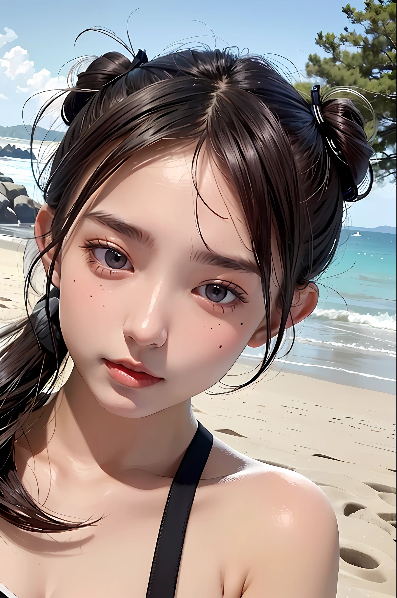 adidas, mature, big, photorealistic, high resolution, 1 girl, gray hair, korean, heterochromic eyes, small moles under eyes, big, brown hair, beach, outdoors, twin tails, wharf, 25 years old