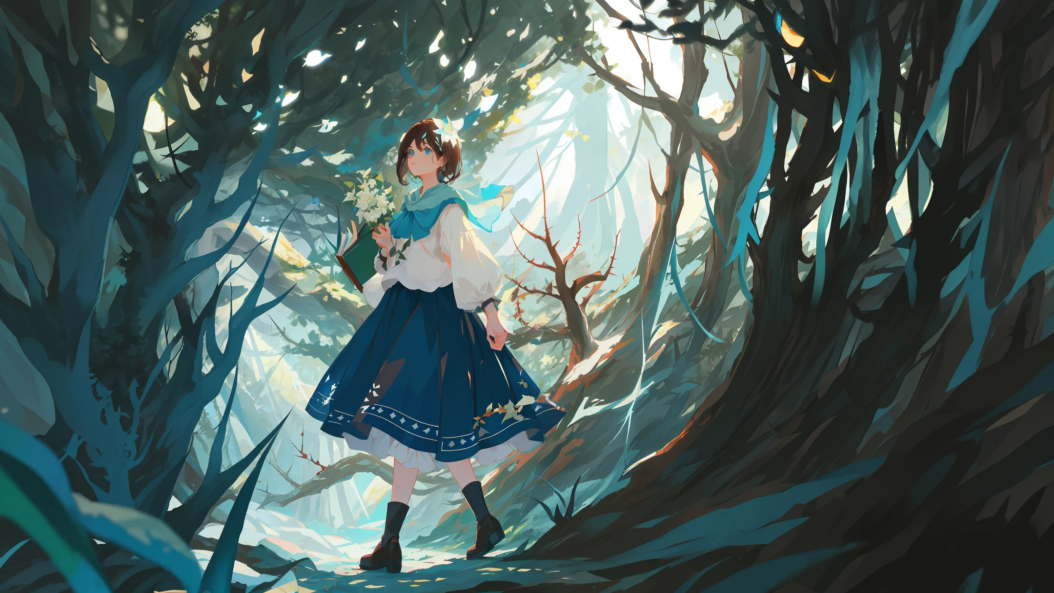 The lone figure moves quietly down the narrow trail, with an open book in his hands. Her blue eyes roam the pages as she walks among the dense trees, her brown hair swaying gently in the wind. The background of the image is blurry, giving the feeling of depth and mystery. Colorful flowers contrast with the green of vegetation on the ground on the left side, while sharp thorns dot the ground on the right side. Fallen leaves float through the air, creating a charming environment under a starry sky, night, dark forest