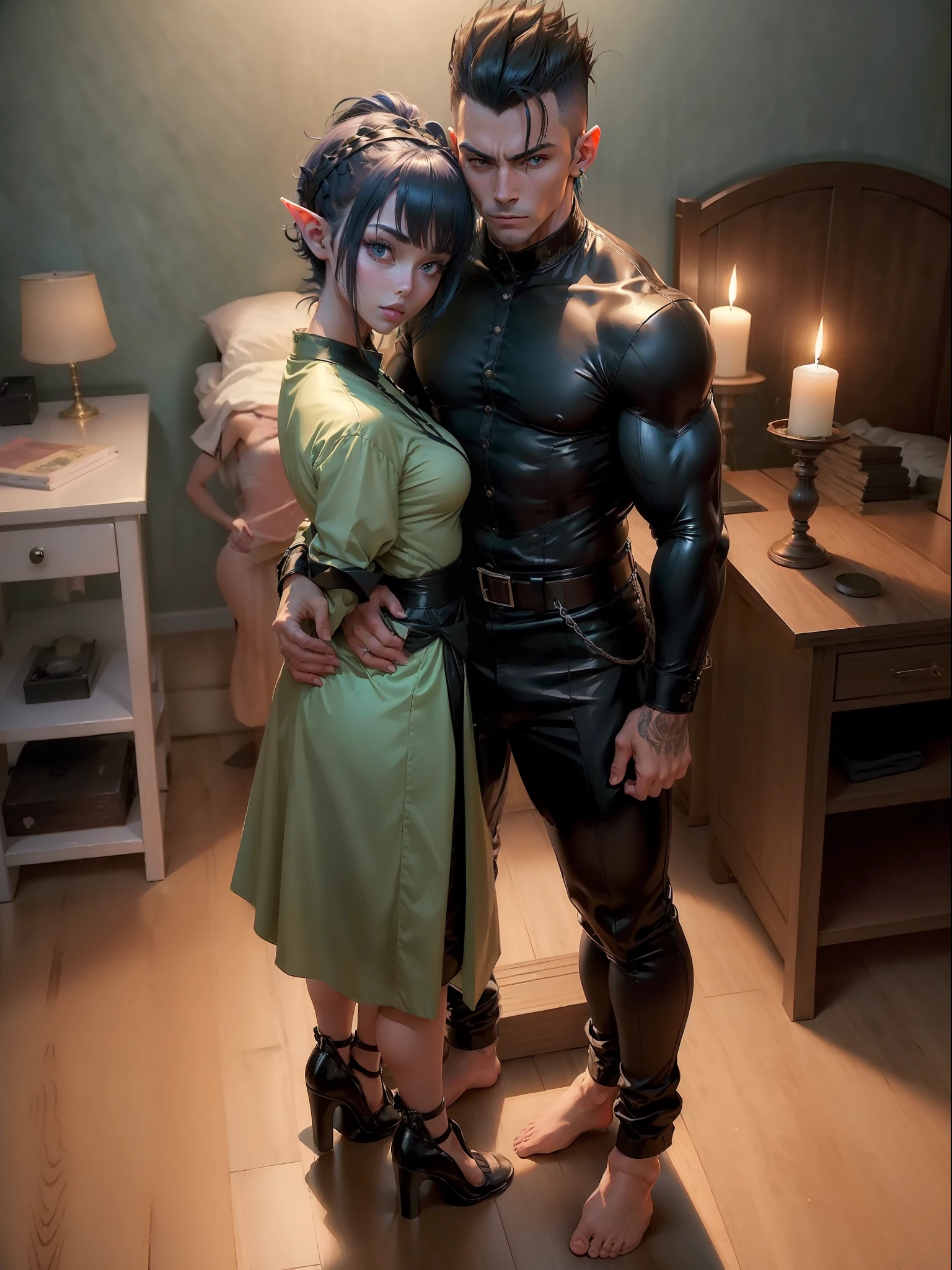 (full body image+standing:2), One/Elf/Kawaii and one/a 90-year-old man, She is wearing black maid's clothes without skirt with maid's headdress on her head+extremely short and tight clothes on her body, He is wearing a black suit with pants and long pants, They are in a motel room lit only by candles because it is dark and without light, He is strong and muscular and has slender hair, She has very short mohawk hair in blue color, She has green eyes, He is grabbing her from behind, Eye-Level Shot, anime, Hyperrealism, 16k, UHD, masterpiece, best quality, textured skin, high details