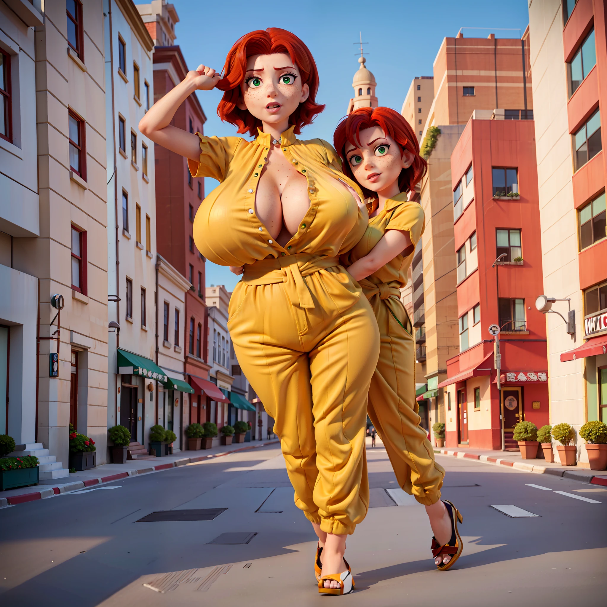 Adult woman Milf 40 years old short red hair emerald green eyes and freckles on her face, wearing yellow jumpsuit with neckline up to the waist, ????????????, exaggerated ???????, ????????????, posing sensually on the street of the big city during the day
