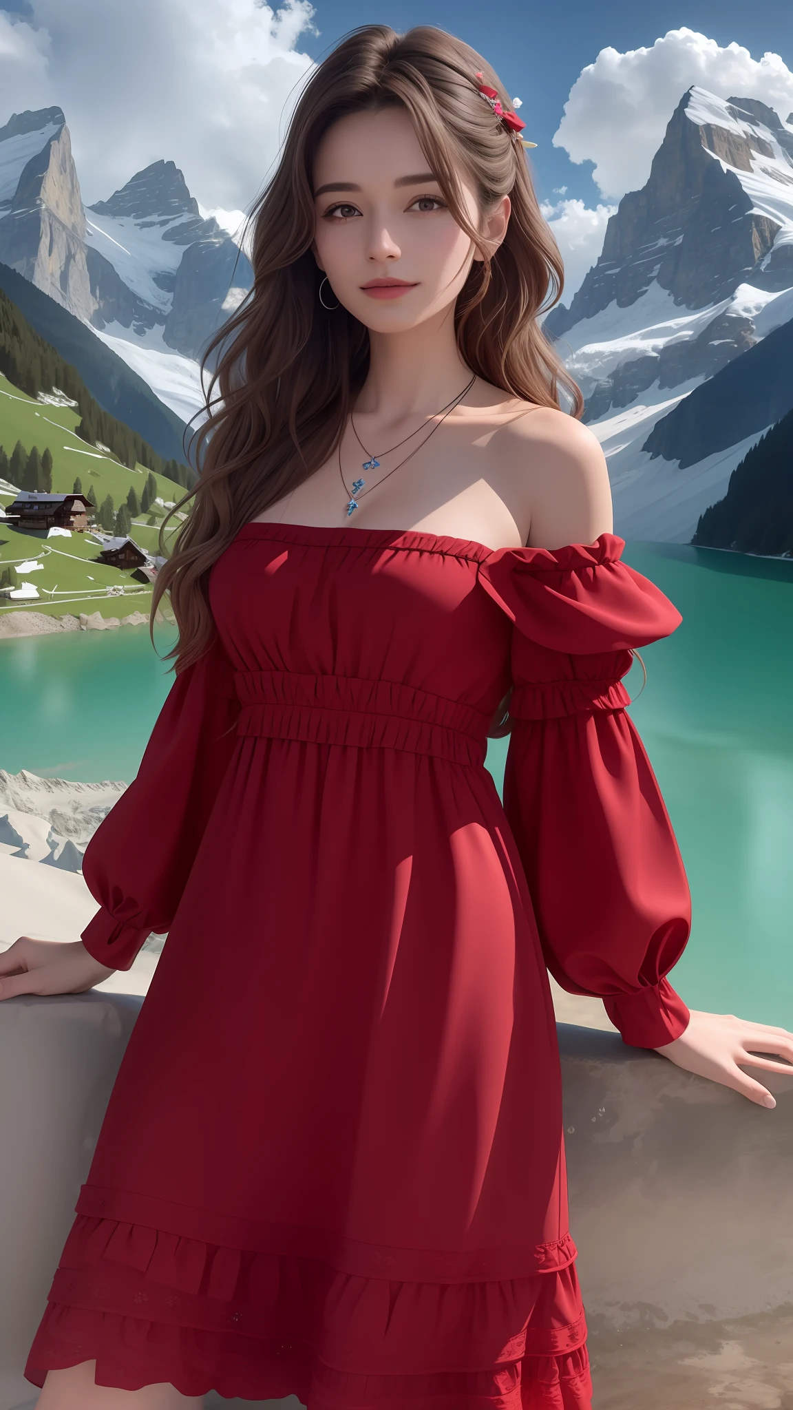 masterpiece,ultra realistic,32k,extremely detailed CG unity 8k wallpaper, best quality,
The Swiss Alps, Switzerland, ( Dark red A-line dress ) ,((spring day )), Beachy waves with a side part ,eardrop,lady ,necklace,