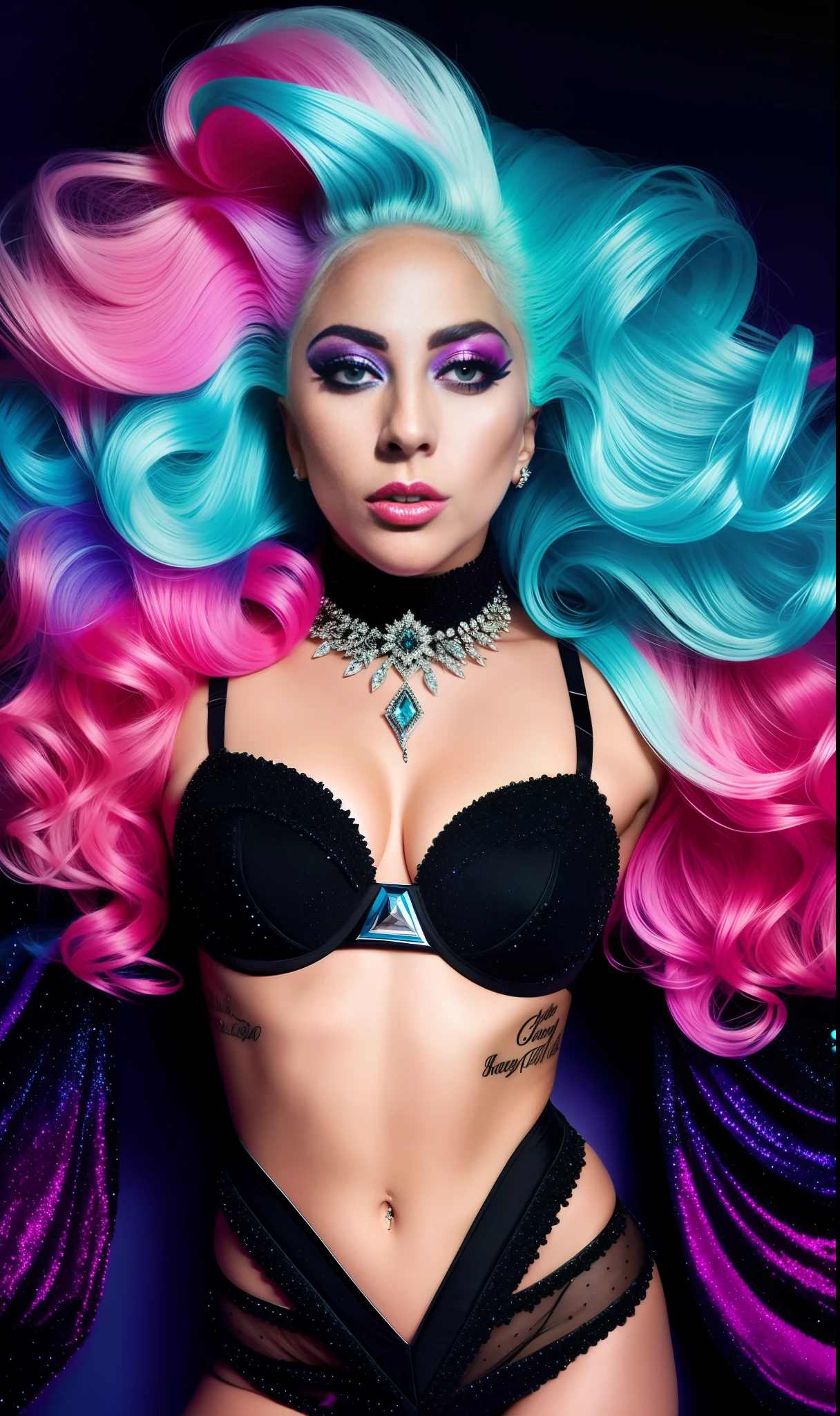 Lady Gaga Photo, 4K texture, black stone and diamond bra,neon,extravagant hair, 8k image, haute couture, flashes, high image quality,neon dress, realistic face, various body poses, full body, 8k image, sharp image,HD, blue glasses, HD face,galaxy background, very sharp and detailed face