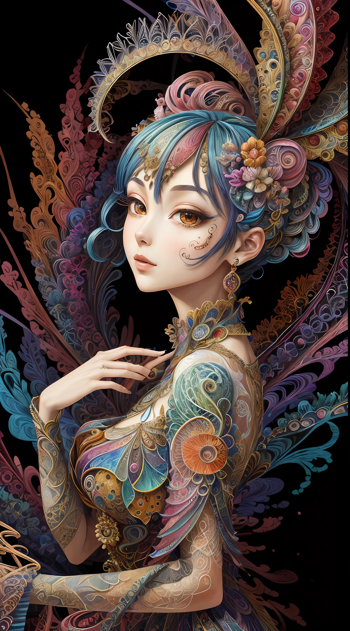 (masterpiece, top quality, best quality, official art, beautiful and aesthetic:1.2), (1girl:1.3), extremely detailed,(fractal art:1.2),colorful,highest detailed,(zentangle:1.2), (dynamic pose), (abstract background:1.5), (treditional dress:1.2), (shiny skin), (many colors:1.4), upper body, masterpiece, best quality,high quality,highres, 16K,RAW,ultra highres,ultra details,finely detail,an extremely delicate and beautiful,extremely detailed,real shadow, anime,highly detailed painted,award winning glamour paintting,wonderful paintting,art style,stylized,
