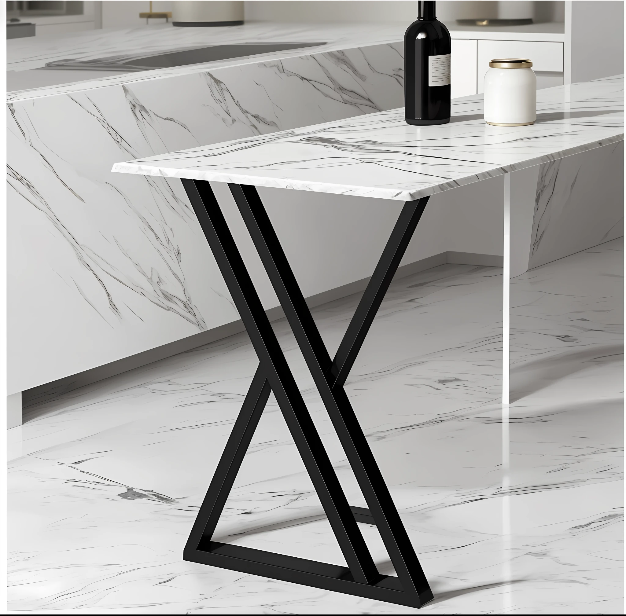 There is a marble countertop with white cross base, rectangular black porcelain table, marble table, black color marble and black color made of liquid metal and marble, table, marble and black, while marble, stone table with exquisite marble details, marble countertop, high quality, kitchen table, white kitchen table