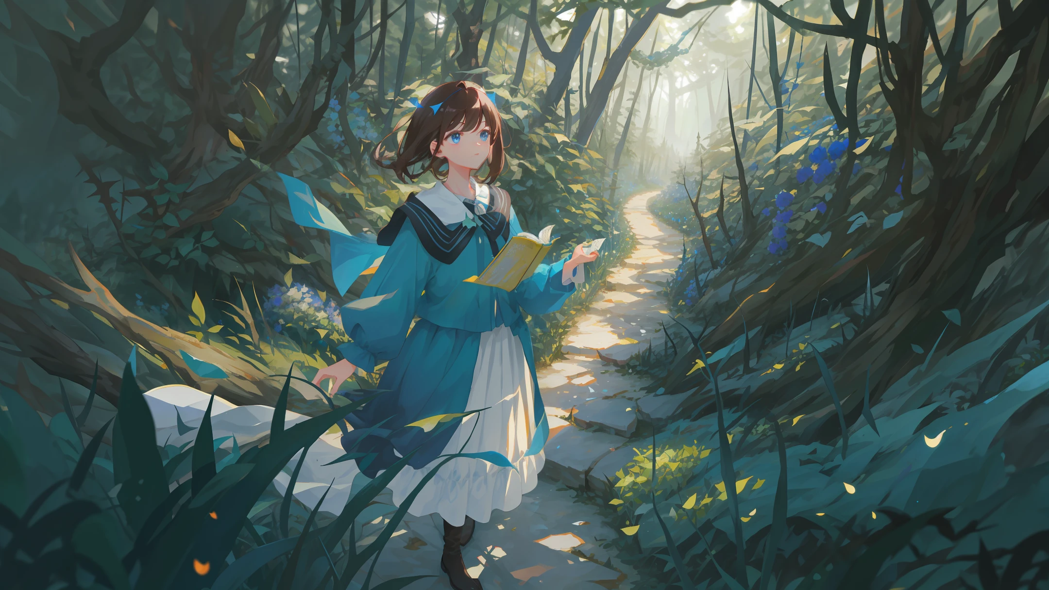 The lone figure moves quietly down the narrow trail, with an open book in his hands. Her blue eyes roam the pages as she walks among the dense trees, her brown hair swaying gently in the wind. The background of the image is blurry, giving the feeling of depth and mystery. Colorful flowers contrast with the green of vegetation on the ground on the left side, while sharp thorns dot the ground on the right side. Fallen leaves float through the air, creating a charming environment under a starry sky, night, dark forest