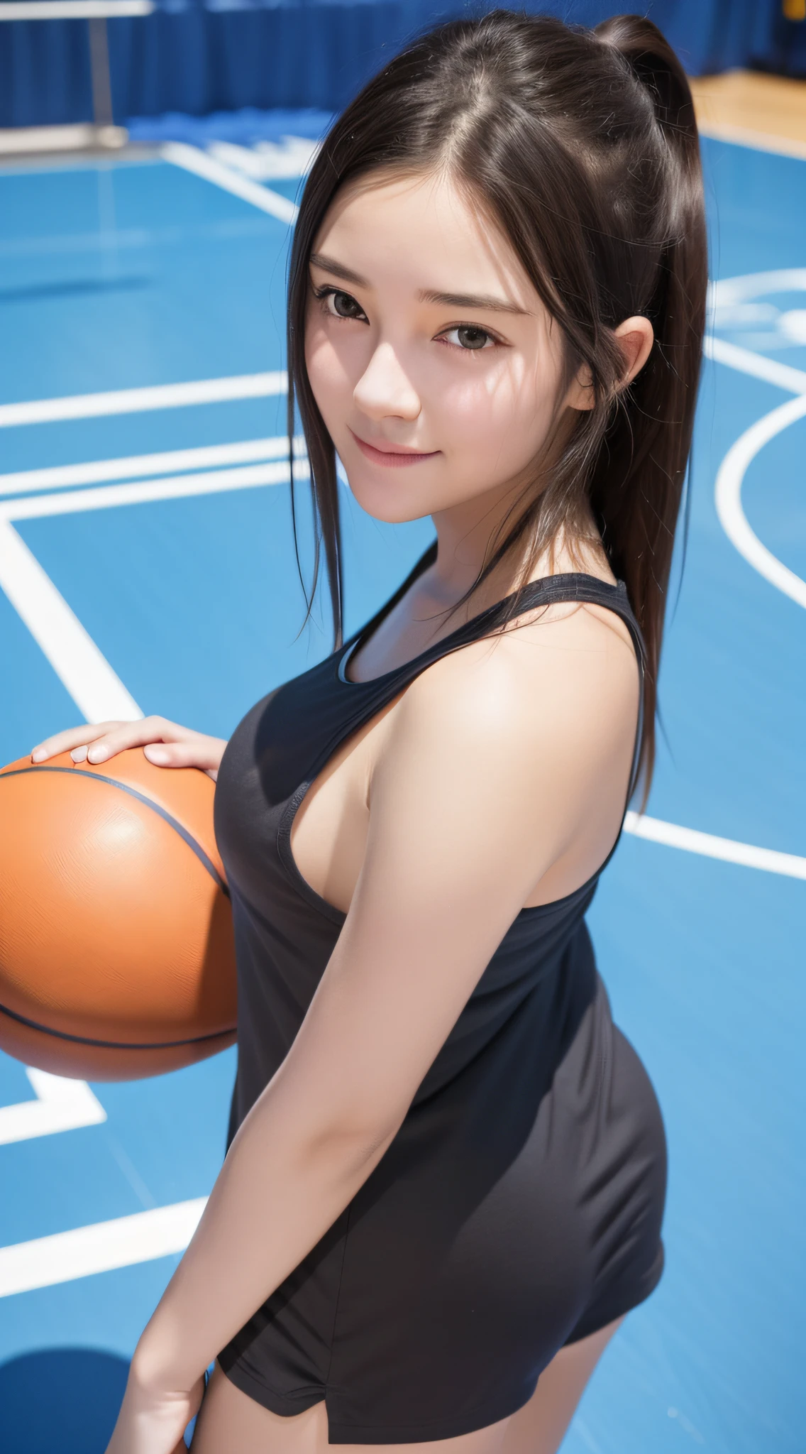 (8k, RAW photo, best quality, masterpiece: 1.2), (realistic, realistic: 1.37), ultra-high resolution, photon mapping, teleportation, physically based rendering, 1 girl, (brunet: 1.3), detailed face, detailed eyes, ????????????, shiny skin, (pureerosface_ v1:1.0), standing, looking at the audience, (light smile cute: 1.2), (happy), healing cute, (Basketball Court: 1.2), (evening: 1.2), (dark theme: 1.5), Basketball uniform,Holding basketball in hand,