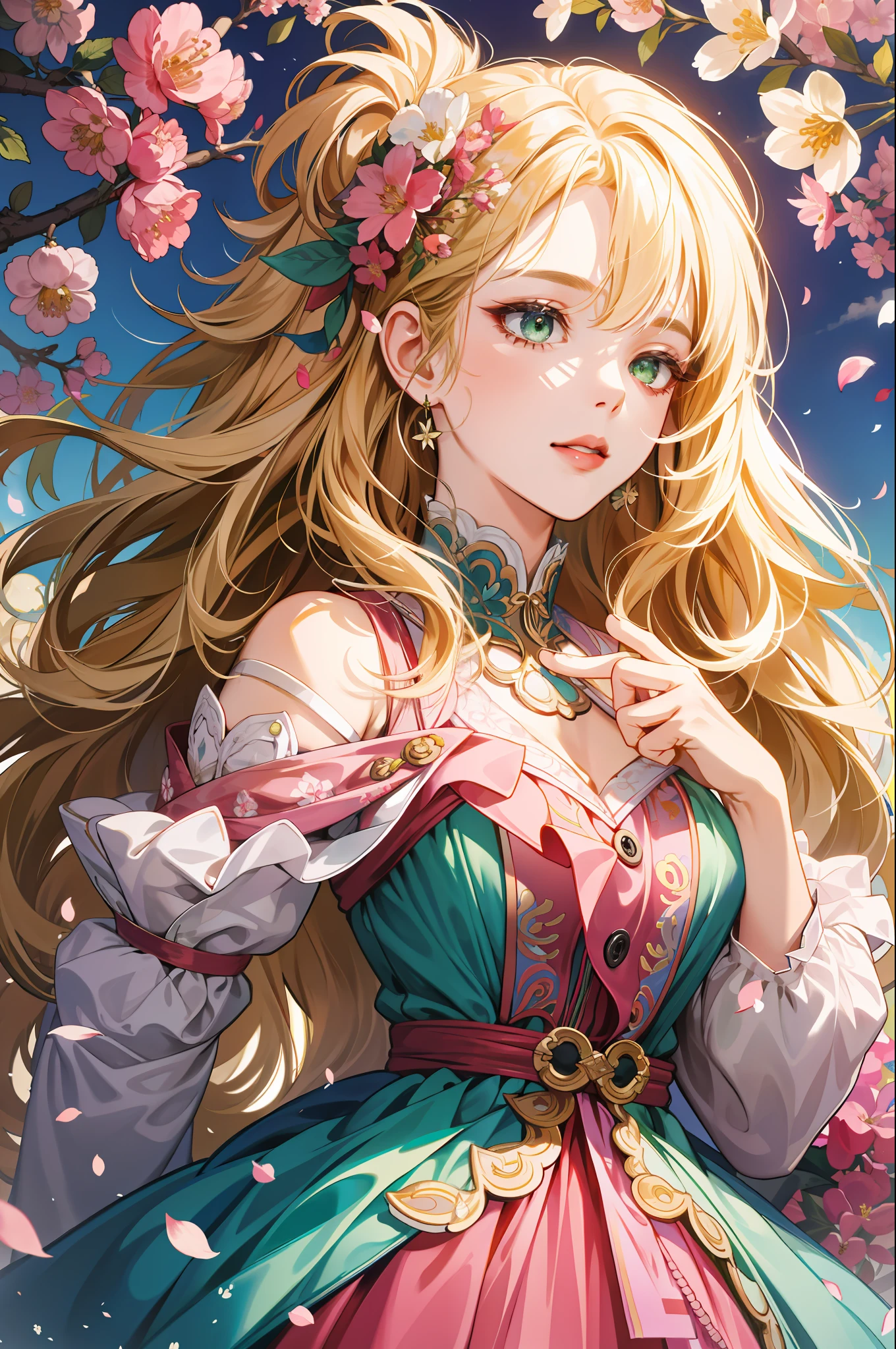 (absurdres, highres, ultra detailed), 1girl, mature female, wavy blonde hair, long hair, blunt bangs, green eyes, pink dress, finely detailed eyes and detailed face, extremely detailed CG unity 8k wallpaper, intricate details, BREAK , kaleidoscopic imagery, symmetrical patterns, vibrant colors, geometric shapes, mesmerizing designs, optical illusions, dynamic composition BREAK , pantomime art, expressive body language, silent storytelling, evocative gestures, visual narratives, theatrical performances BREAK , blooming flowers, colorful petals, fragrant scents, nature's bounty, vibrant gardens, peaceful scenery