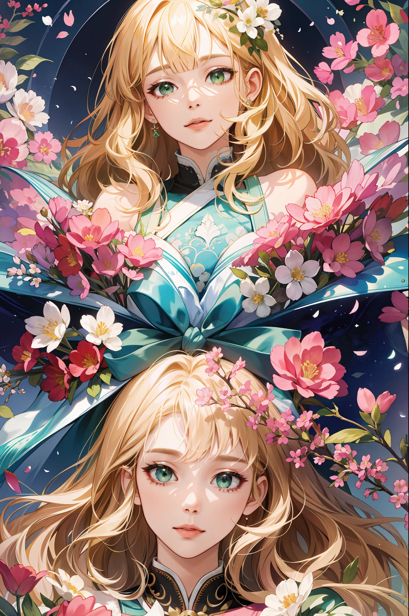 (absurdres, highres, ultra detailed), 1girl, mature female, wavy blonde hair, long hair, blunt bangs, green eyes, pink dress, finely detailed eyes and detailed face, extremely detailed CG unity 8k wallpaper, intricate details, BREAK , kaleidoscopic imagery, symmetrical patterns, vibrant colors, geometric shapes, mesmerizing designs, optical illusions, dynamic composition BREAK , pantomime art, expressive body language, silent storytelling, evocative gestures, visual narratives, theatrical performances BREAK , blooming flowers, colorful petals, fragrant scents, nature's bounty, vibrant gardens, peaceful scenery