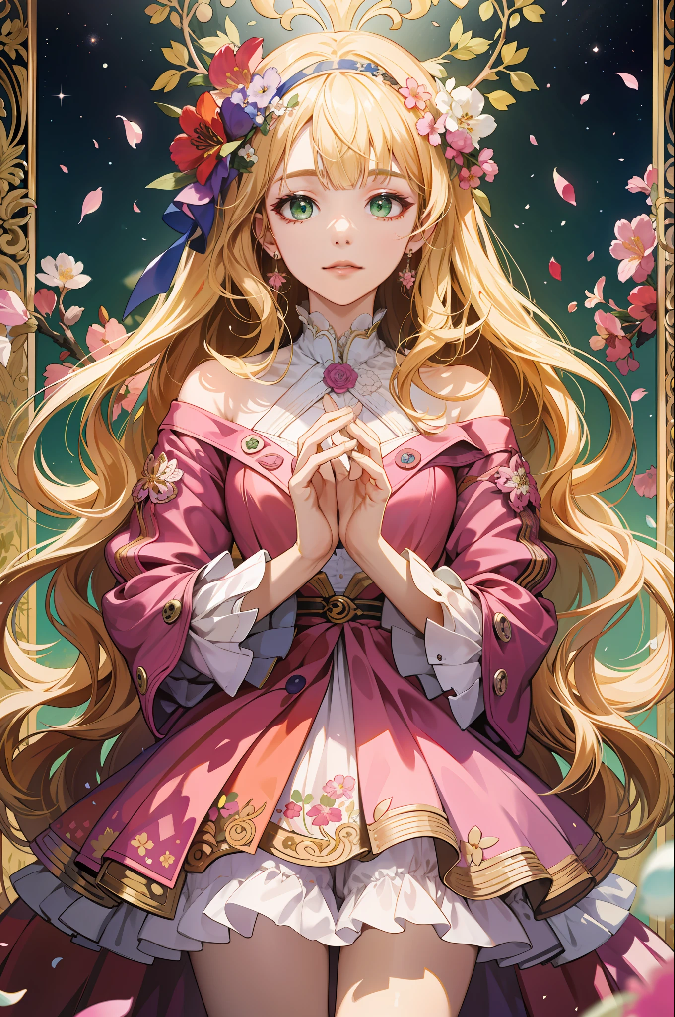 (absurdres, highres, ultra detailed), 1girl, mature female, wavy blonde hair, long hair, blunt bangs, green eyes, pink dress, finely detailed eyes and detailed face, extremely detailed CG unity 8k wallpaper, intricate details, BREAK , kaleidoscopic imagery, symmetrical patterns, vibrant colors, geometric shapes, mesmerizing designs, optical illusions, dynamic composition BREAK , pantomime art, expressive body language, silent storytelling, evocative gestures, visual narratives, theatrical performances BREAK , blooming flowers, colorful petals, fragrant scents, nature's bounty, vibrant gardens, peaceful scenery