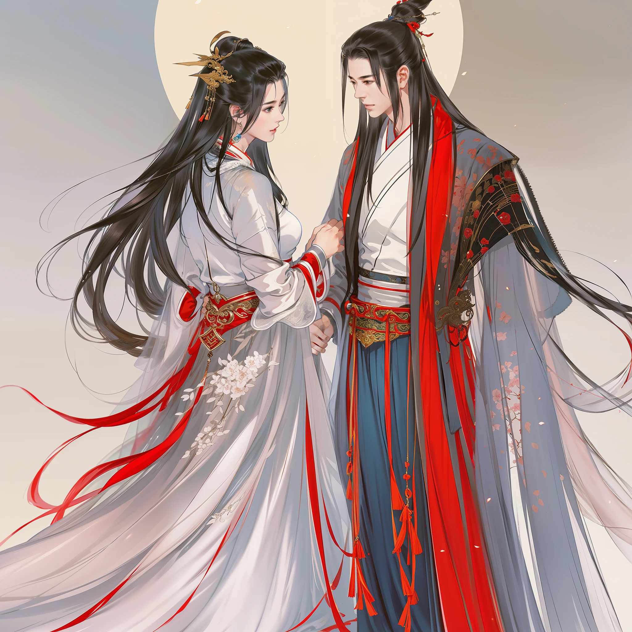 An ancient Chinese handsome boy and a beautiful girl, full body portrait, looking at each other, gentle eyes, clear facial features, wearing a big red ancient wedding dress, the body is surrounded by red mist, kingly temperament, movie edge light, delicate light, masterpiece, super detailed, epic composition, super HD, high quality, highest quality, 32k