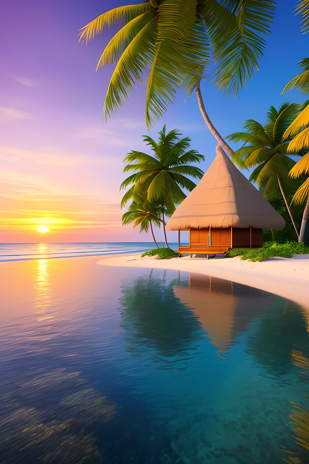 A thatched house on a deserted island, a sandy path from the coast of the beach to the island, coconut trees, crystal clear water, serene sea, sunrise with the sky in orange, purple and blue colors. Ultra realistic, kinematic, intricate, UHD, detailed image
