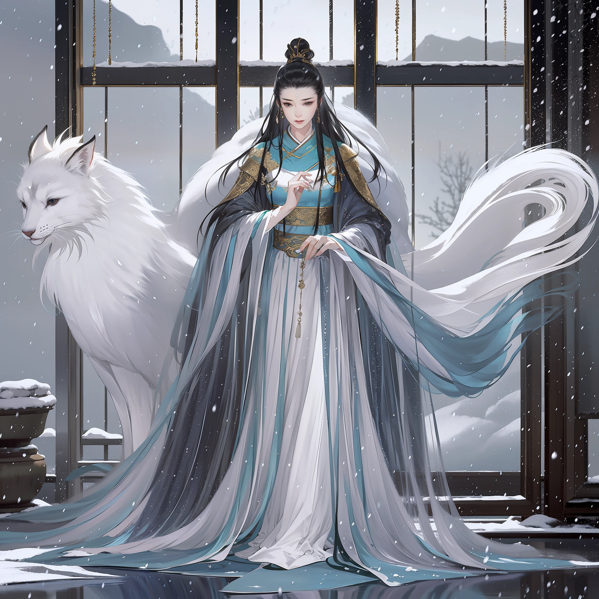 An ancient Chinese beauty, full body, standing by the window, dignified temperament, flowing long skirt, furry cape, clear face, melancholy eyes, heavy snow, movie edge light, delicate light, masterpiece, super detailed, epic composition, super HD, high quality, highest quality, 32k