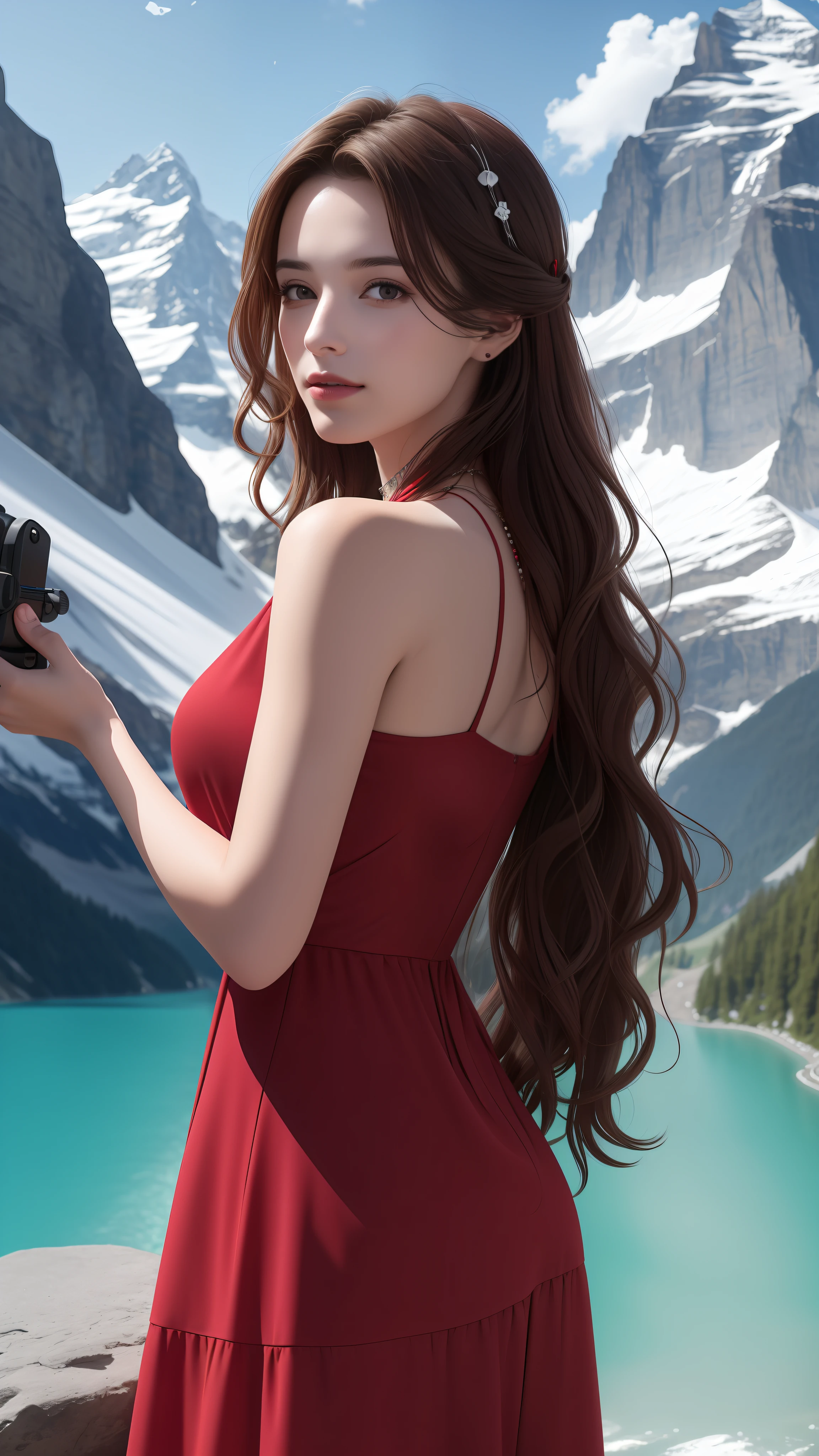 masterpiece,ultra realistic,32k,extremely detailed CG unity 8k wallpaper, best quality,
The Swiss Alps, Switzerland, ( Dark red A-line dress ) ,((spring day )), Beachy waves with a side part ,eardrop,lady ,necklace,