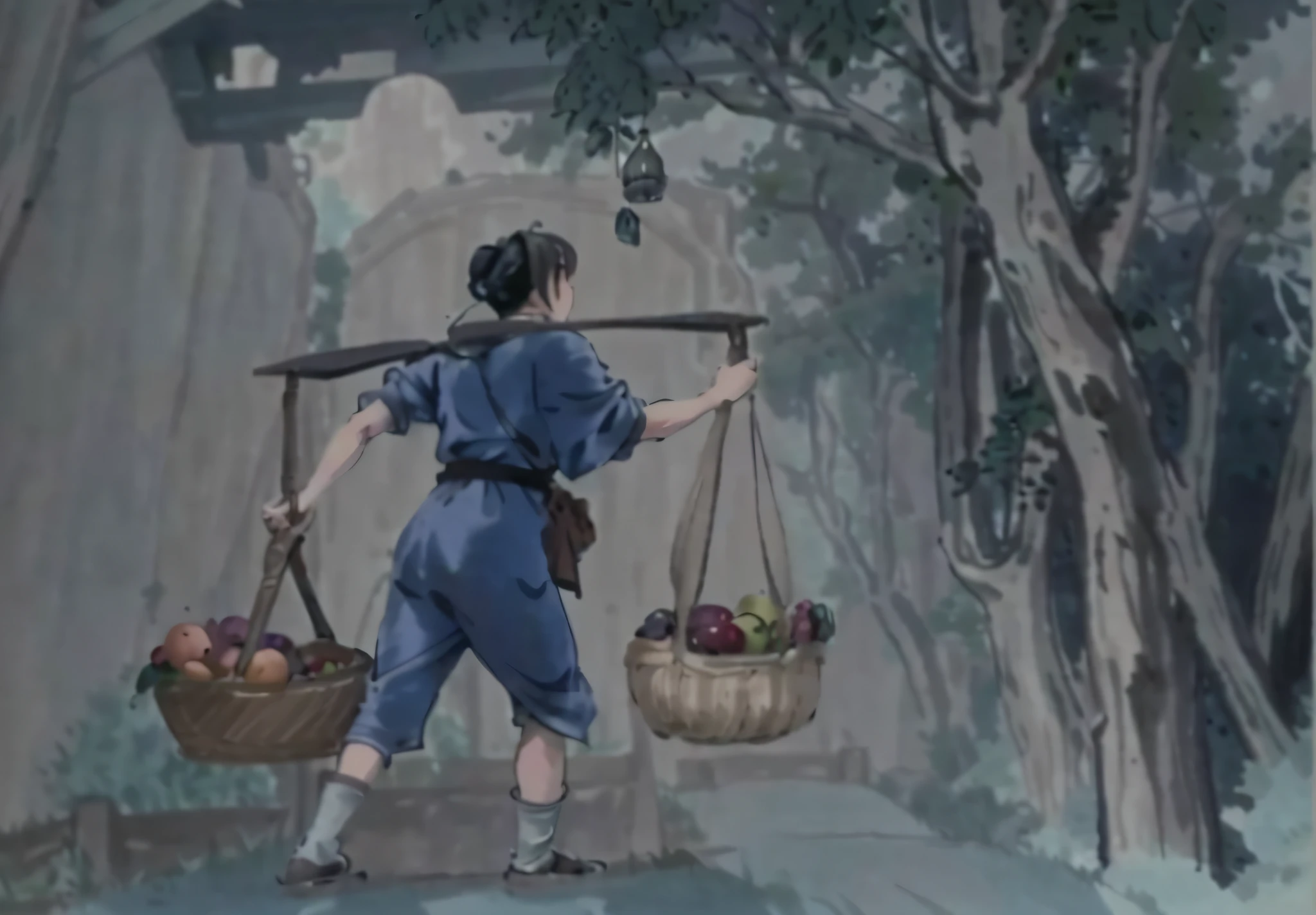 there is a woman carrying two baskets of fruit on her shoulders, still from a fantasy movie, style in ghibli anime, chinese surrealism, screenshot from a movie, carrying a tray, scene from a movie, ruan jia and arthur rackham, screenshot from the anime film, scene from the film, animated film still, style in ghibli anime style