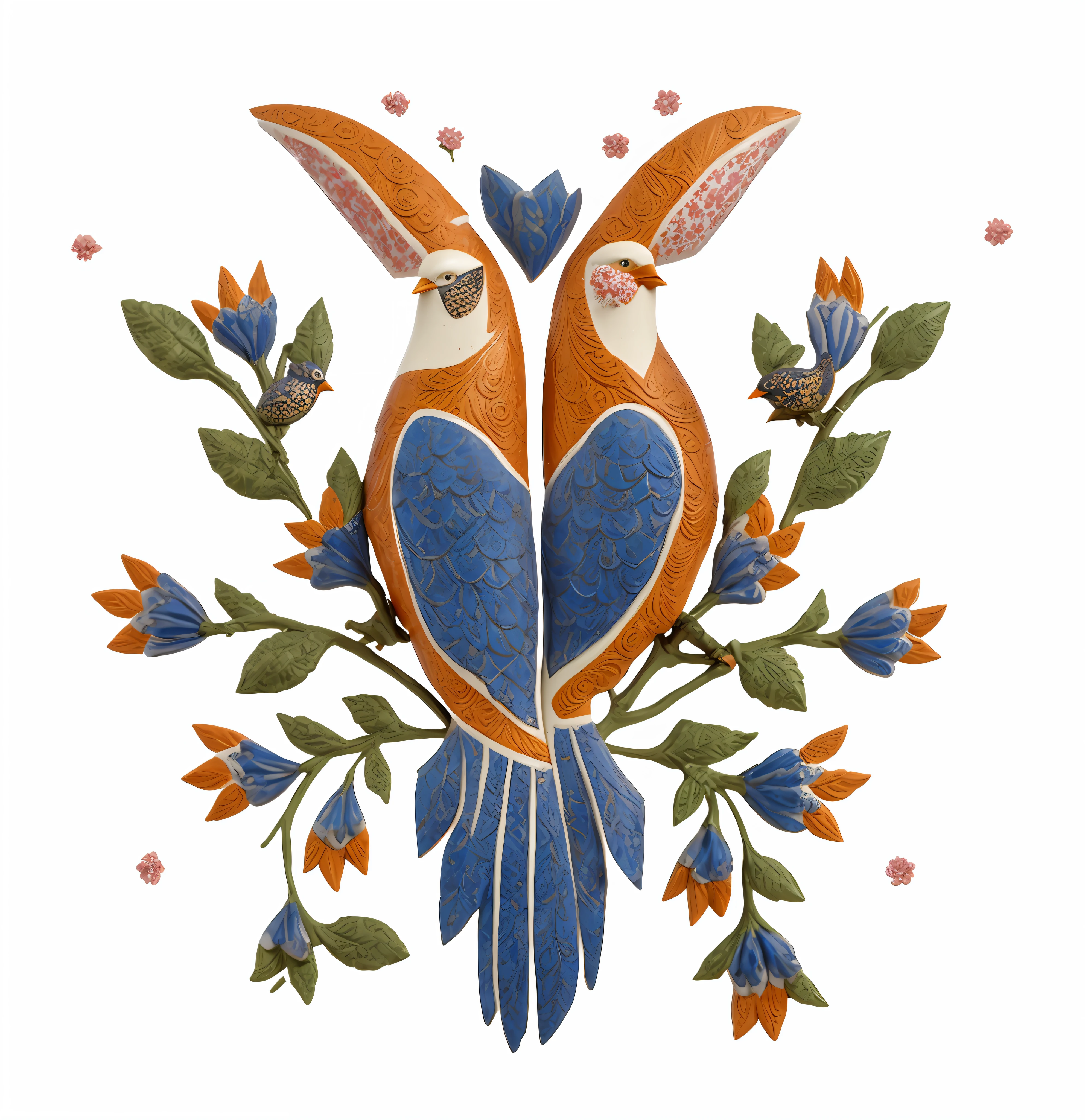 there are two birds sitting on a branch with flowers, inspired by Paul Howard Manship, jane newland, inspired by Luca della Robbia, by Paul Howard Manship, by Margaret Bingham, inspired by Johannes Bosschaert, traditional folk art style, persian folkore artstyle, inspired by Jean Fouquet, by Albert Dorne, by Luca della Robbia