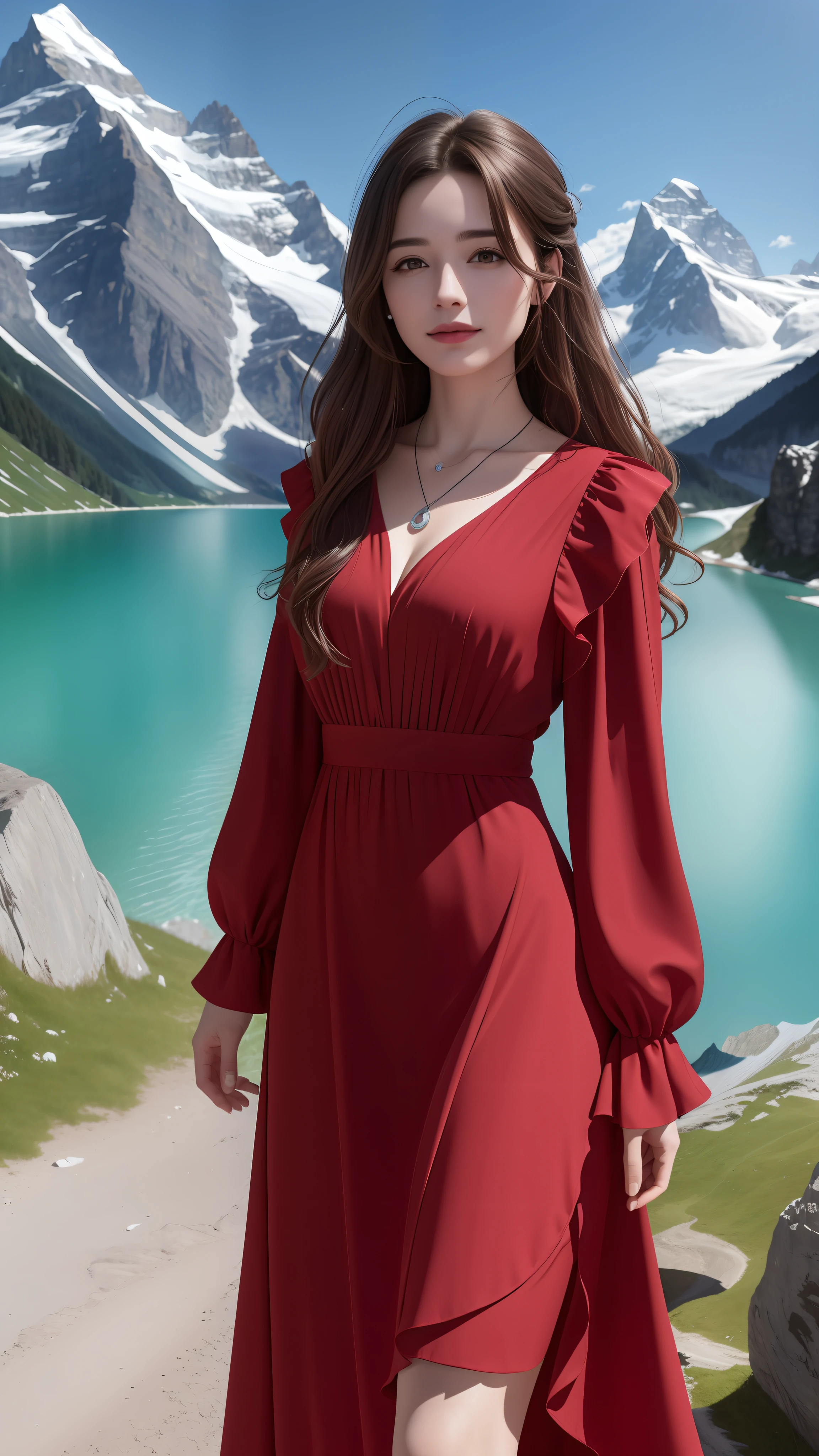 masterpiece,ultra realistic,32k,extremely detailed CG unity 8k wallpaper, best quality,
The Swiss Alps, Switzerland, ( Dark red A-line dress ) ,((spring day )), Beachy waves with a side part ,eardrop,lady ,necklace,
