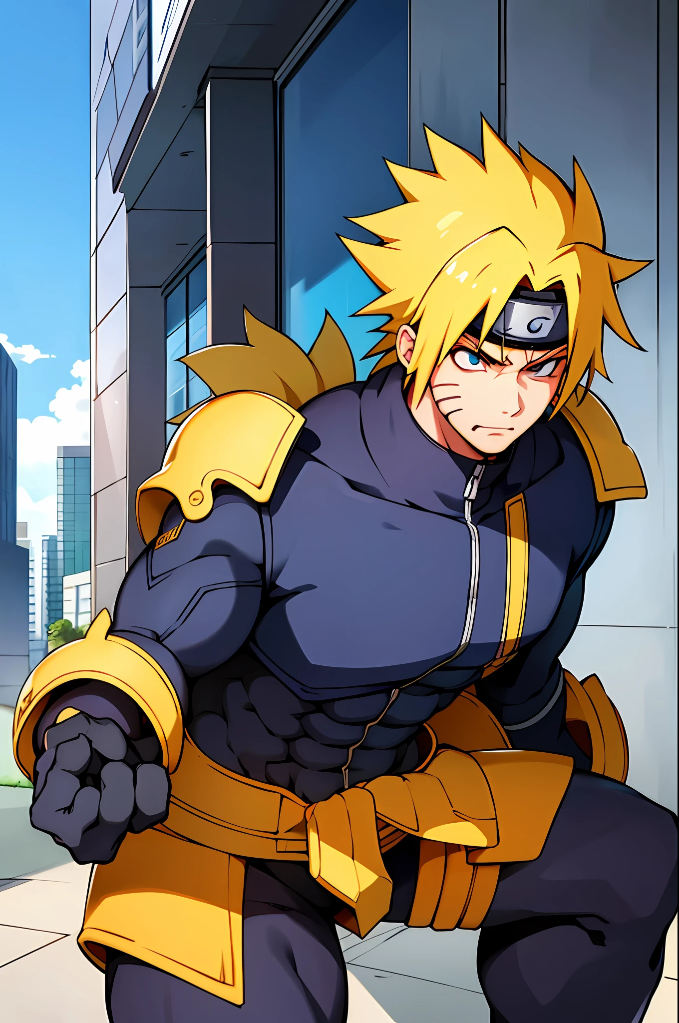1 boy, solo, detailed eyes, masculine face, urban area, modern architecture, vast blue sky, clouds, morning, sunny, muscular male, detailed background, Naruto Naruto, blonde, suit