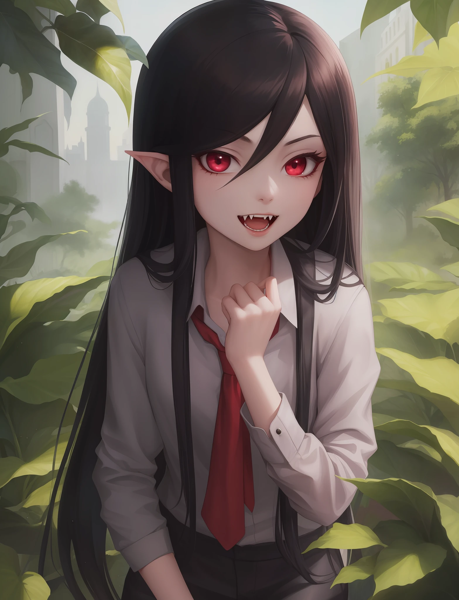 beautiful, masterpiece, best quality, 1girl, marceline abadeer, black hair, clothed, clothing, fangs, grey body, grey skin, hair, long hair, looking at viewer, plant, solo, teeth, vampire, adventure time, a-