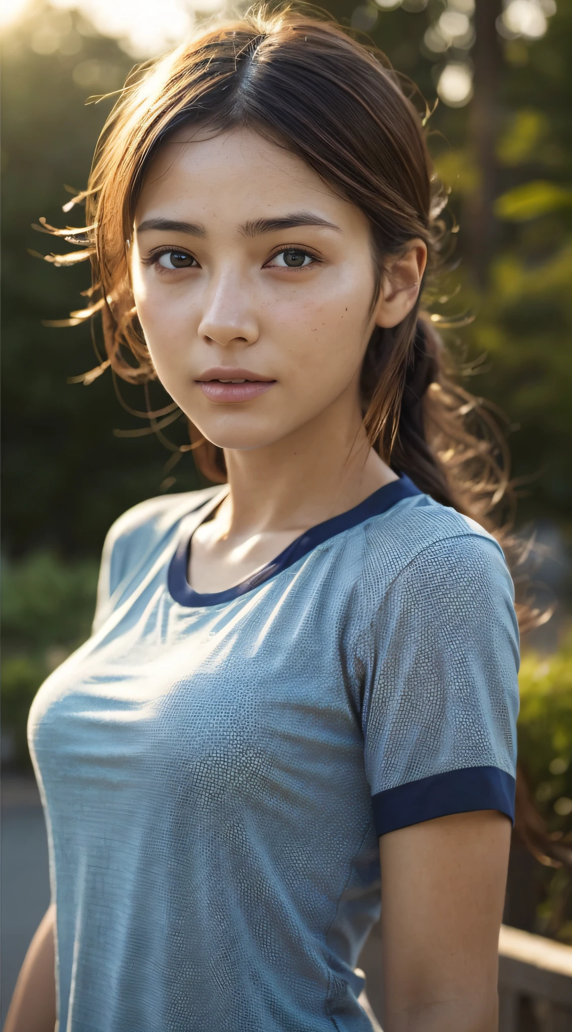 dressed, (photo realistic:1.4), (hyper realistic:1.4), (realistic:1.3), (smoother lighting:1.05), (increase cinematic lighting quality:0.9), 32K, 1girl,20yo girl, realistic lighting, backlighting, light on face, ray trace, (brightening light:1.2), (Increase quality:1.4), (best quality real texture skin:1.4), finely detailed eyes, finely detailed face, finely quality eyes, (tired and sleepy and satisfied:0.0), face closeup, t-shirts, (Increase body line mood:1.1), (Increase skin texture beauty:1.1)